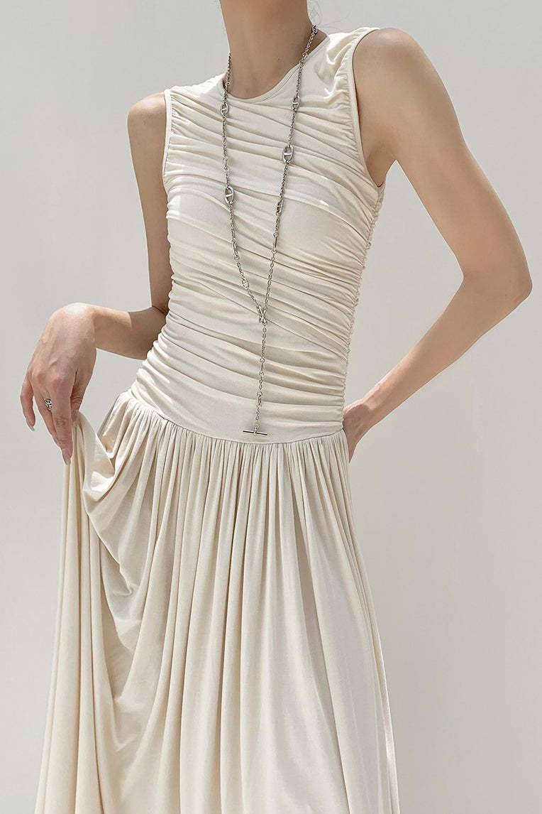 Quintina Round Neck Pleated Maxi Cotton Dress-Sunfere