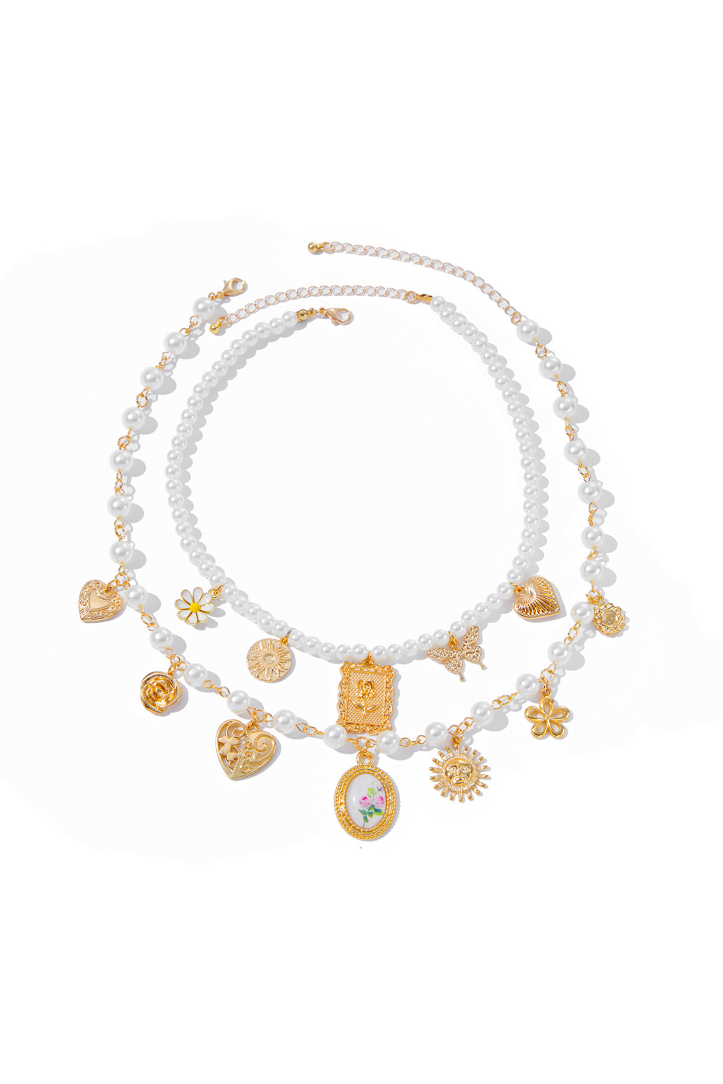 Heart Pendants Layered Pearl Necklace Set