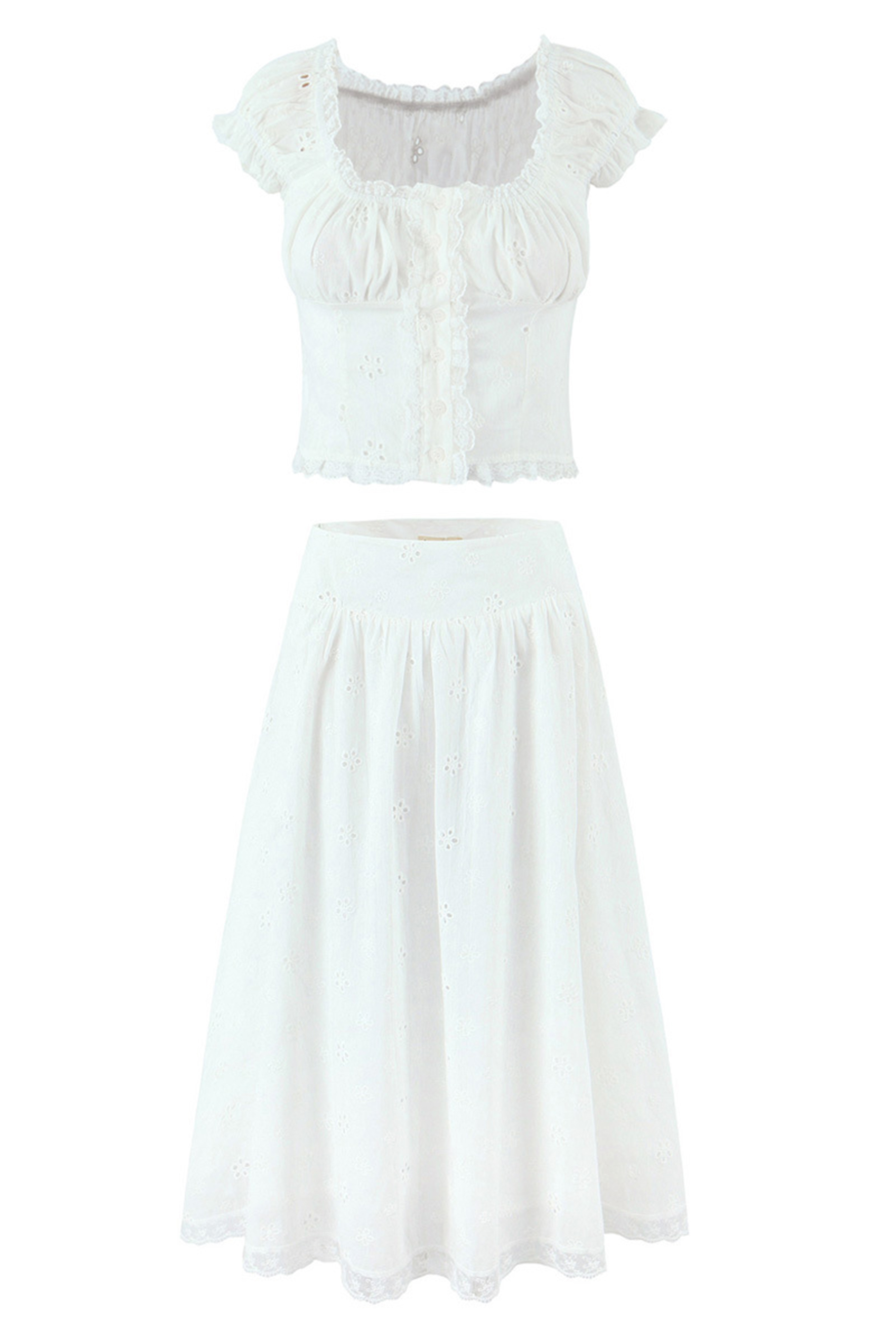 Eliza Puff Sleeve Broderie Crop Top & Skirt Set