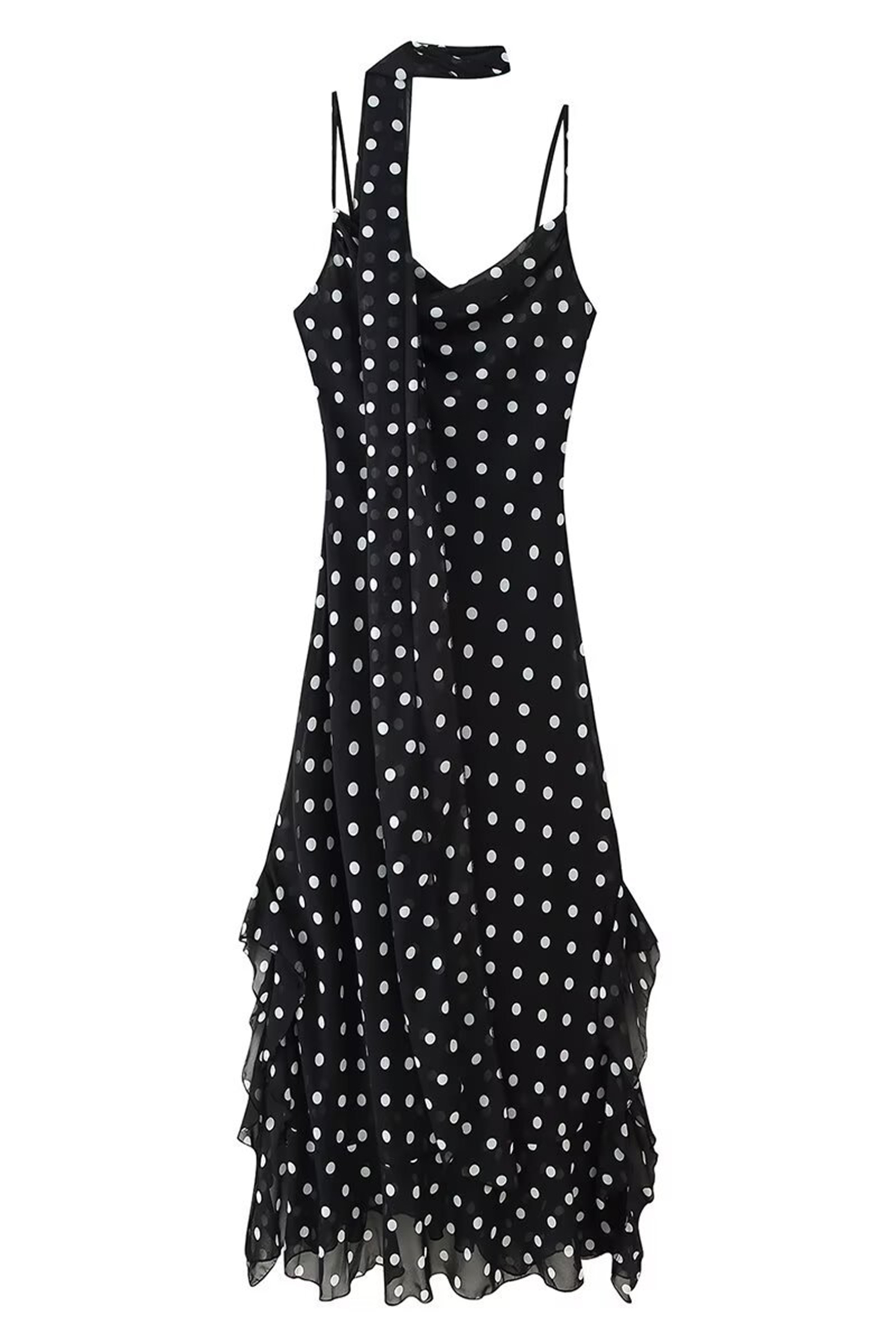 Veronica Polka Dot Ruffle Trim Maxi Dress with Scarf