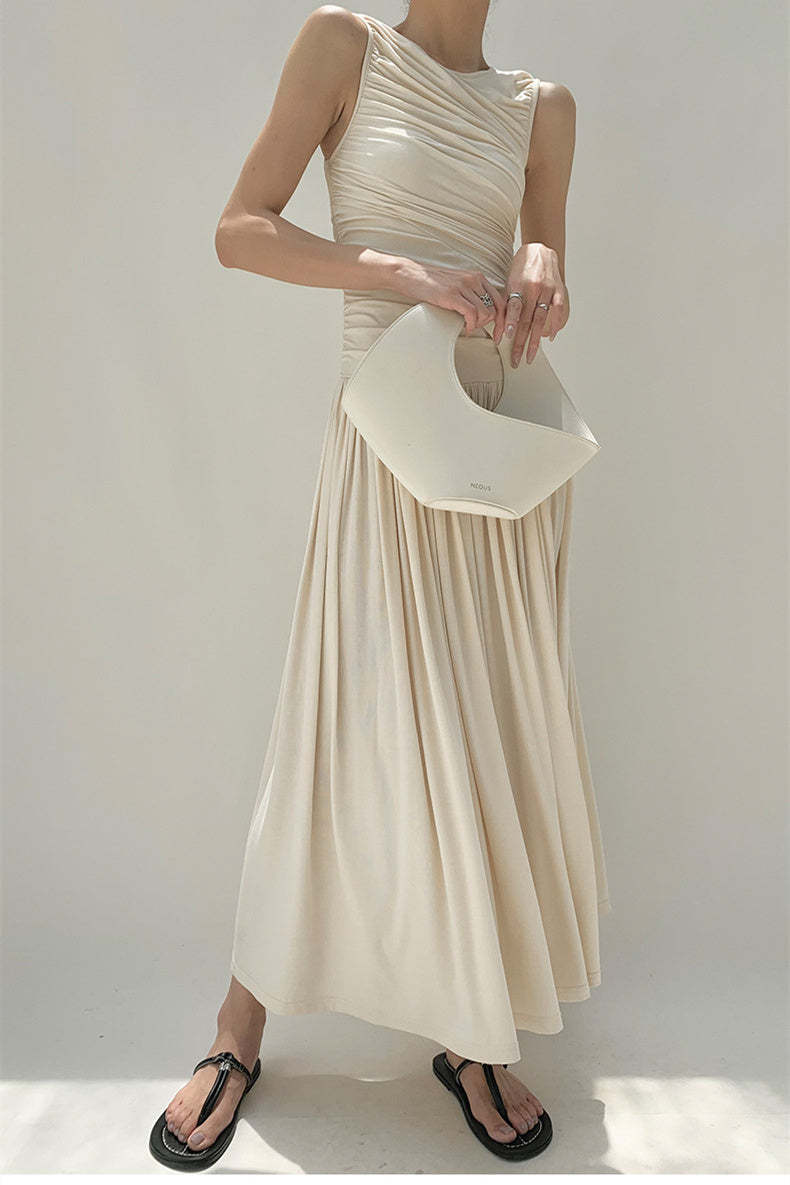 Quintina Round Neck Pleated Maxi Cotton Dress-Sunfere