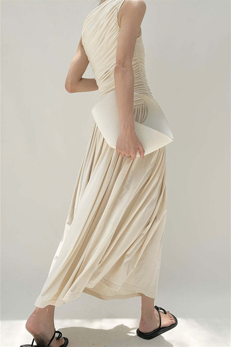 Quintina Round Neck Pleated Maxi Cotton Dress-Sunfere