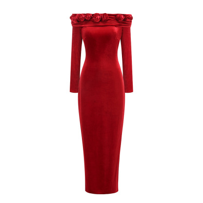Evelyn Floral Applique One Shoulder Maxi Dress