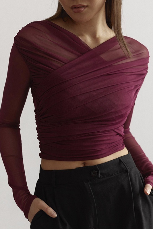 Crossbody V-neck Mesh Top-Sunfere