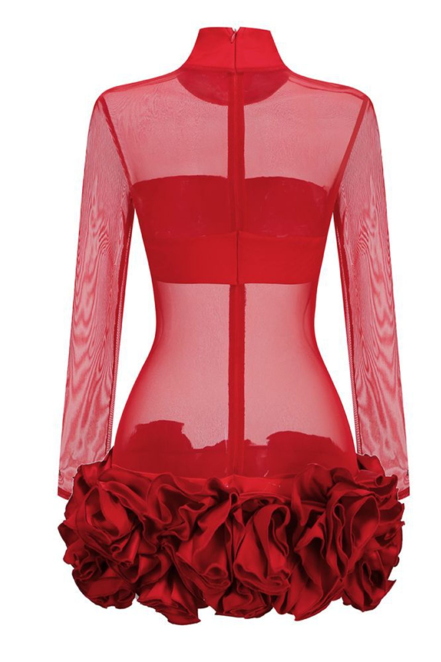 Sally Sheer Ruffle Mini Dress | Red Mesh High Neck - sunfere