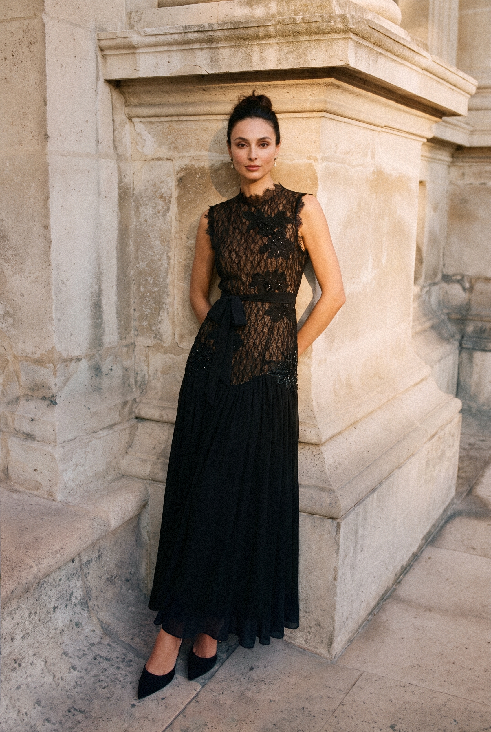 Out In Elegance Black Floral Applique Lace Bodice Maxi Dress
