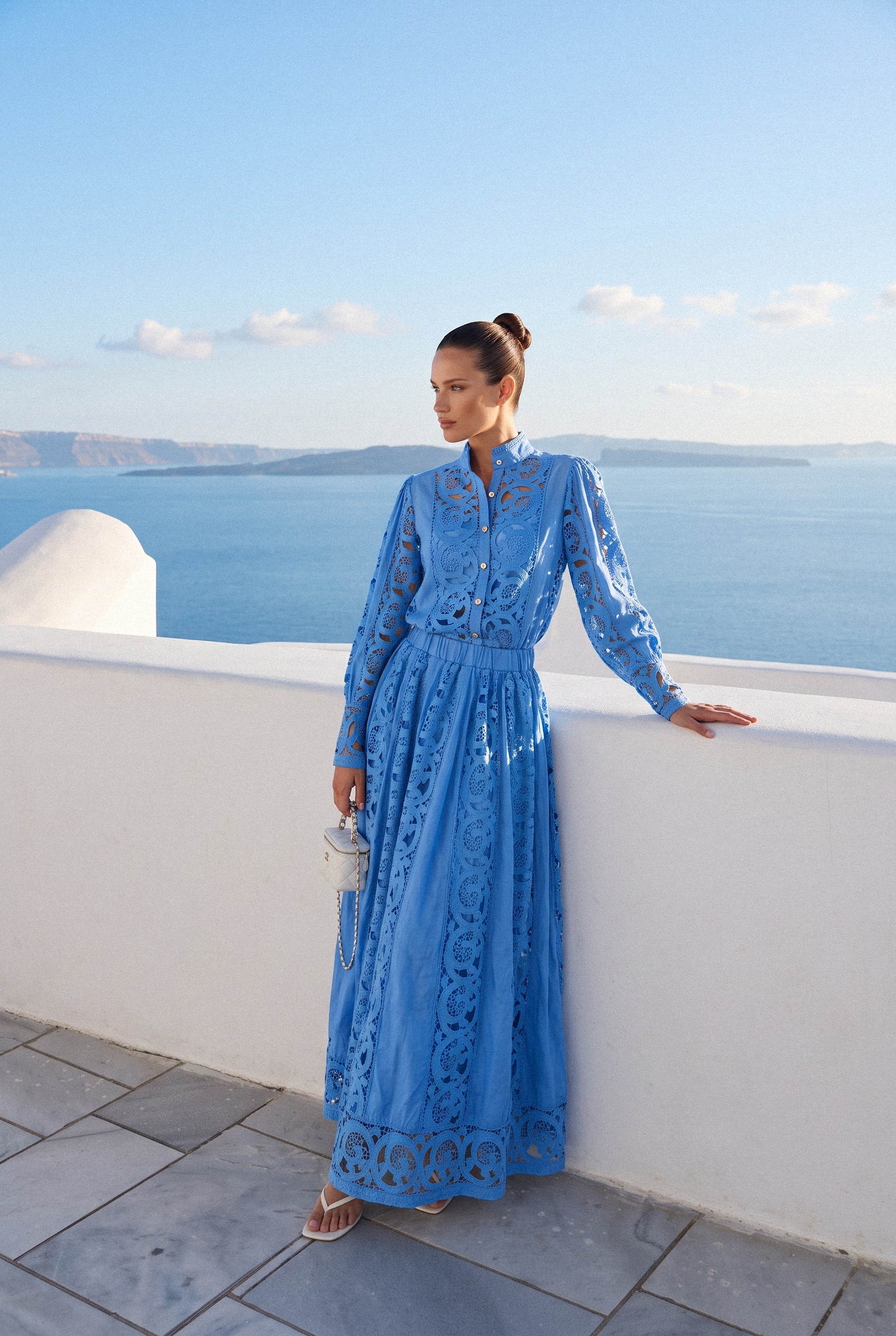 Perfectly Poised Blue Long Sleeve Lace Shirt & Skirt Set