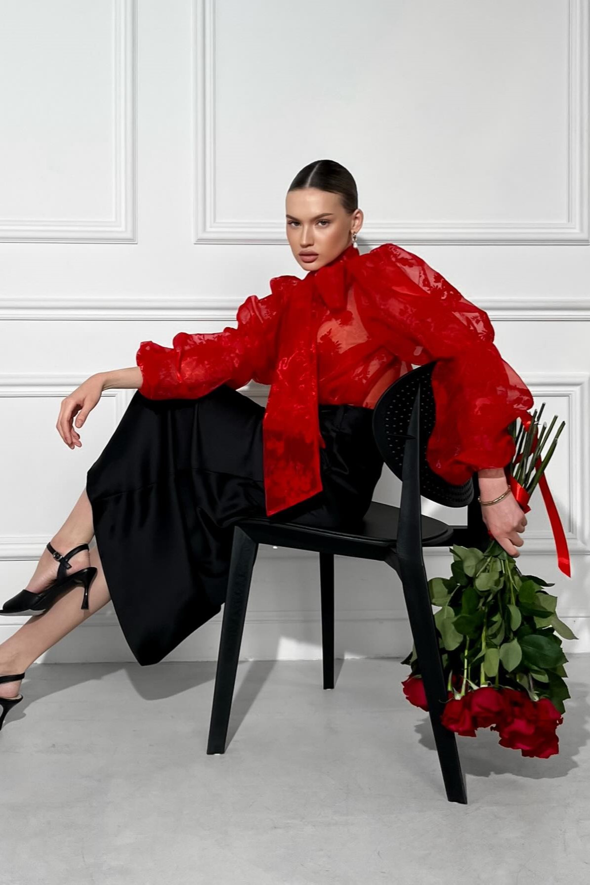 Hulda Lace Bow Tie Lantern Sleeve Blouse