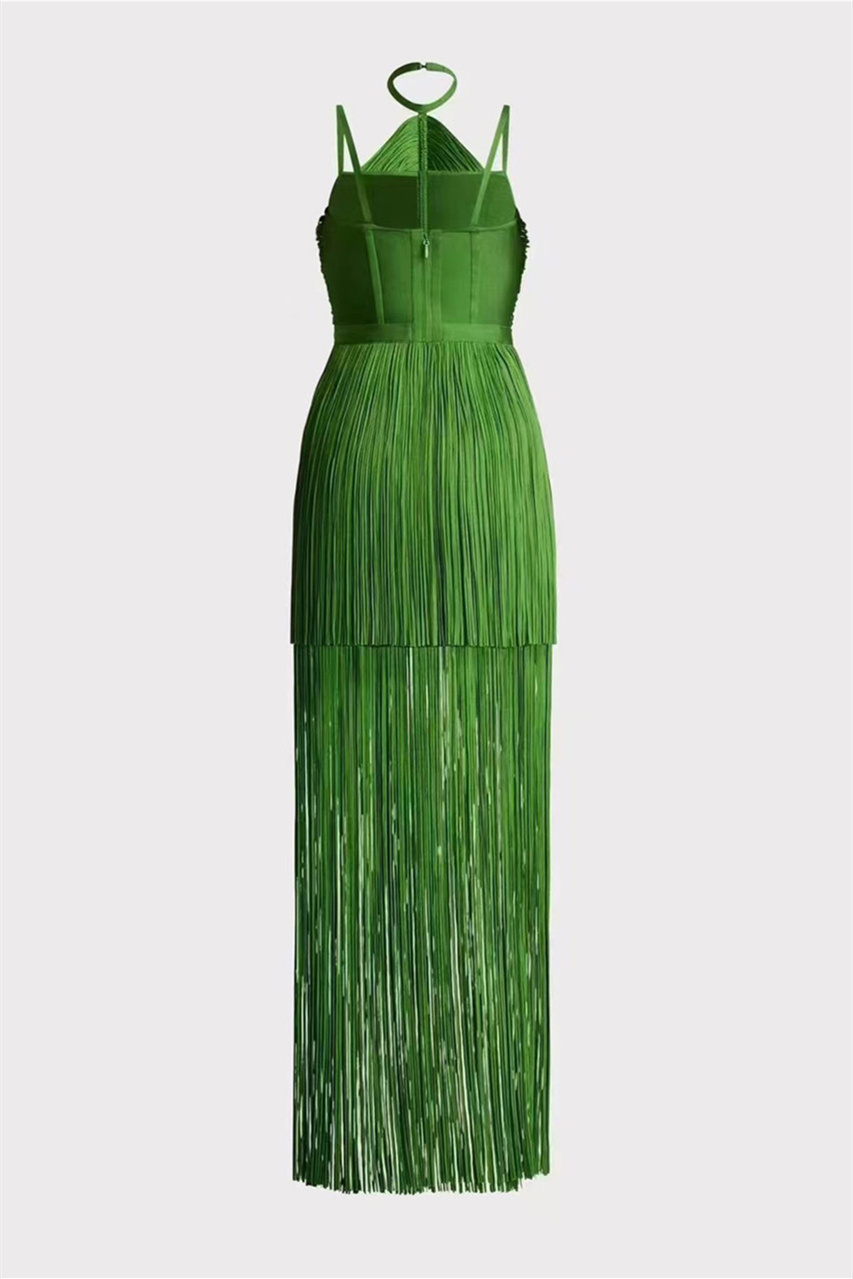 Phoebe Halter Fringed Maxi Dress-Sunfere