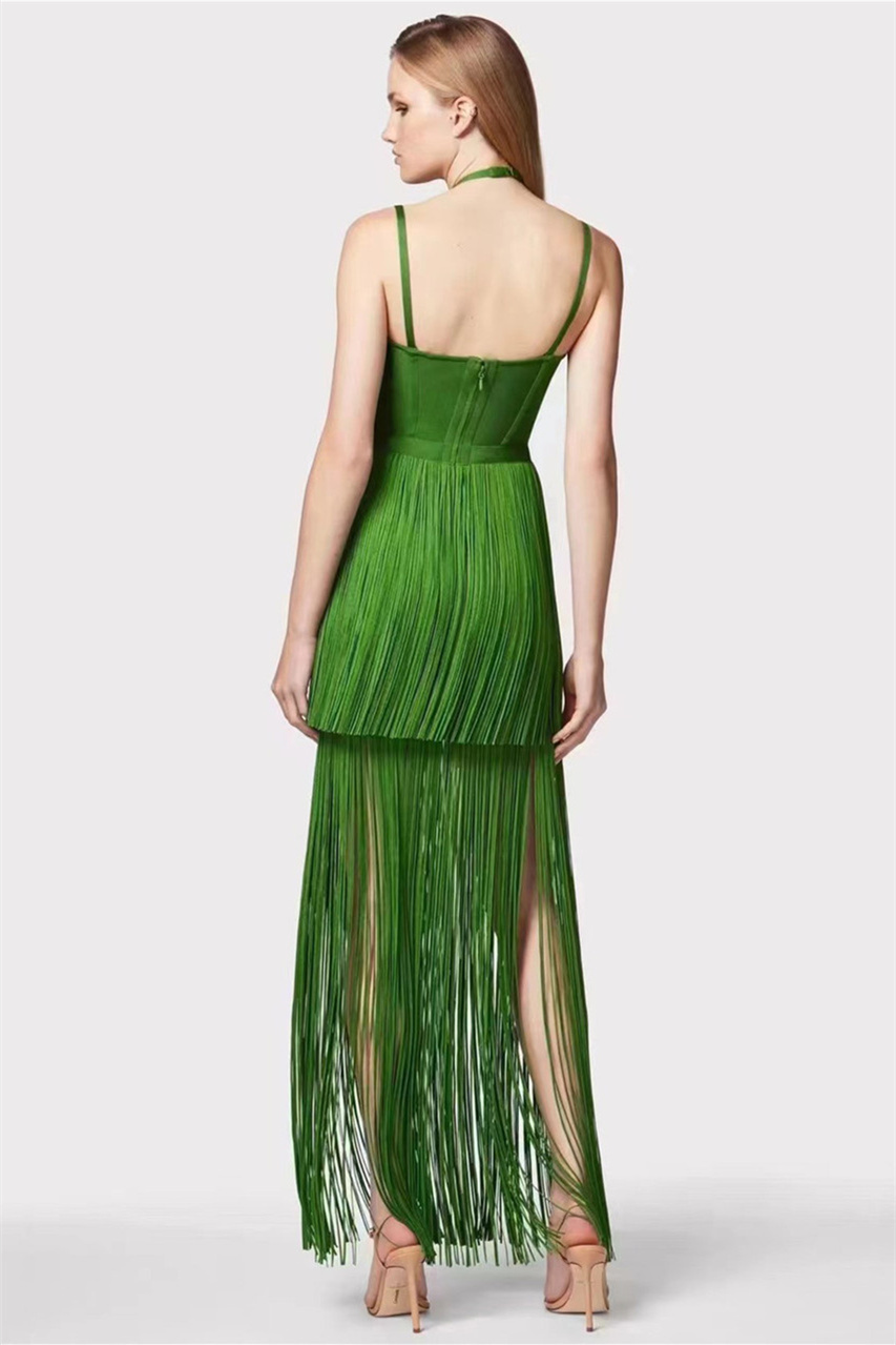 Phoebe Halter Fringed Maxi Dress-Sunfere