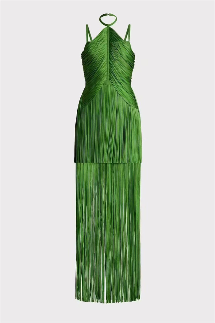 Phoebe Halter Fringed Maxi Dress-Sunfere