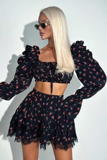Ella Floral Print Puff Sleeve Mini Skirt Set