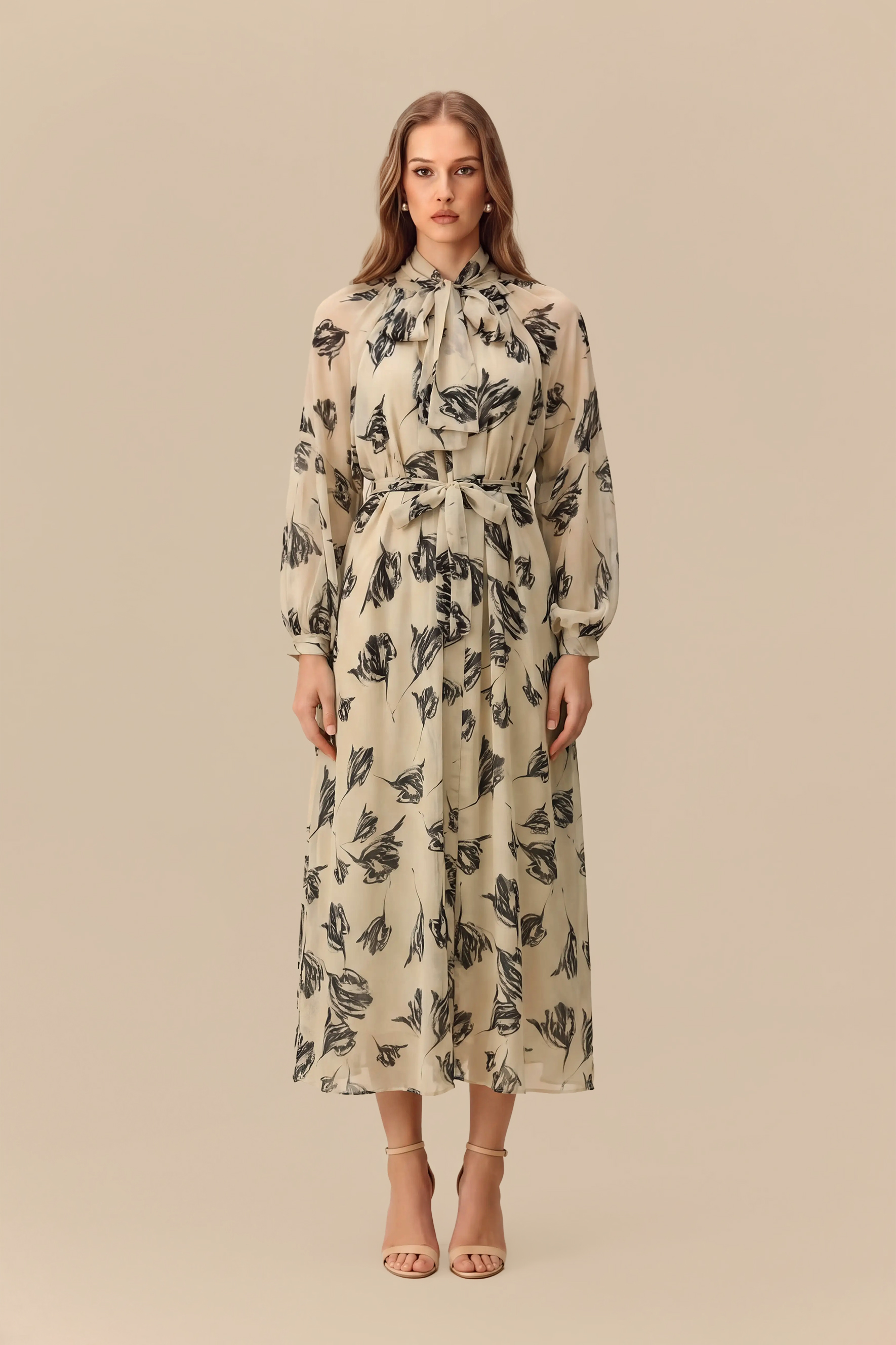Comfort Zone Beige Tulip Print Chiffon Maxi Dress