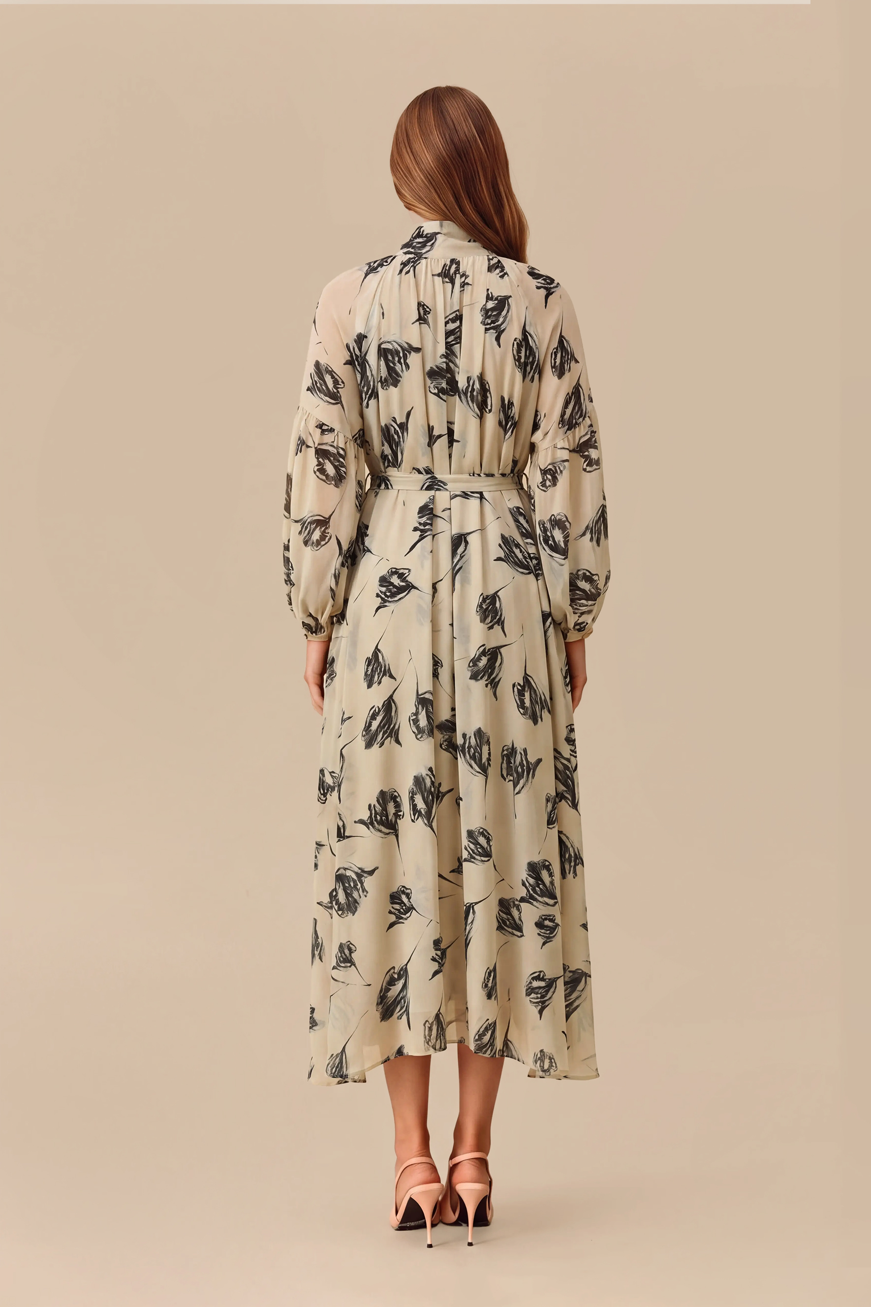 Comfort Zone Beige Tulip Print Chiffon Maxi Dress