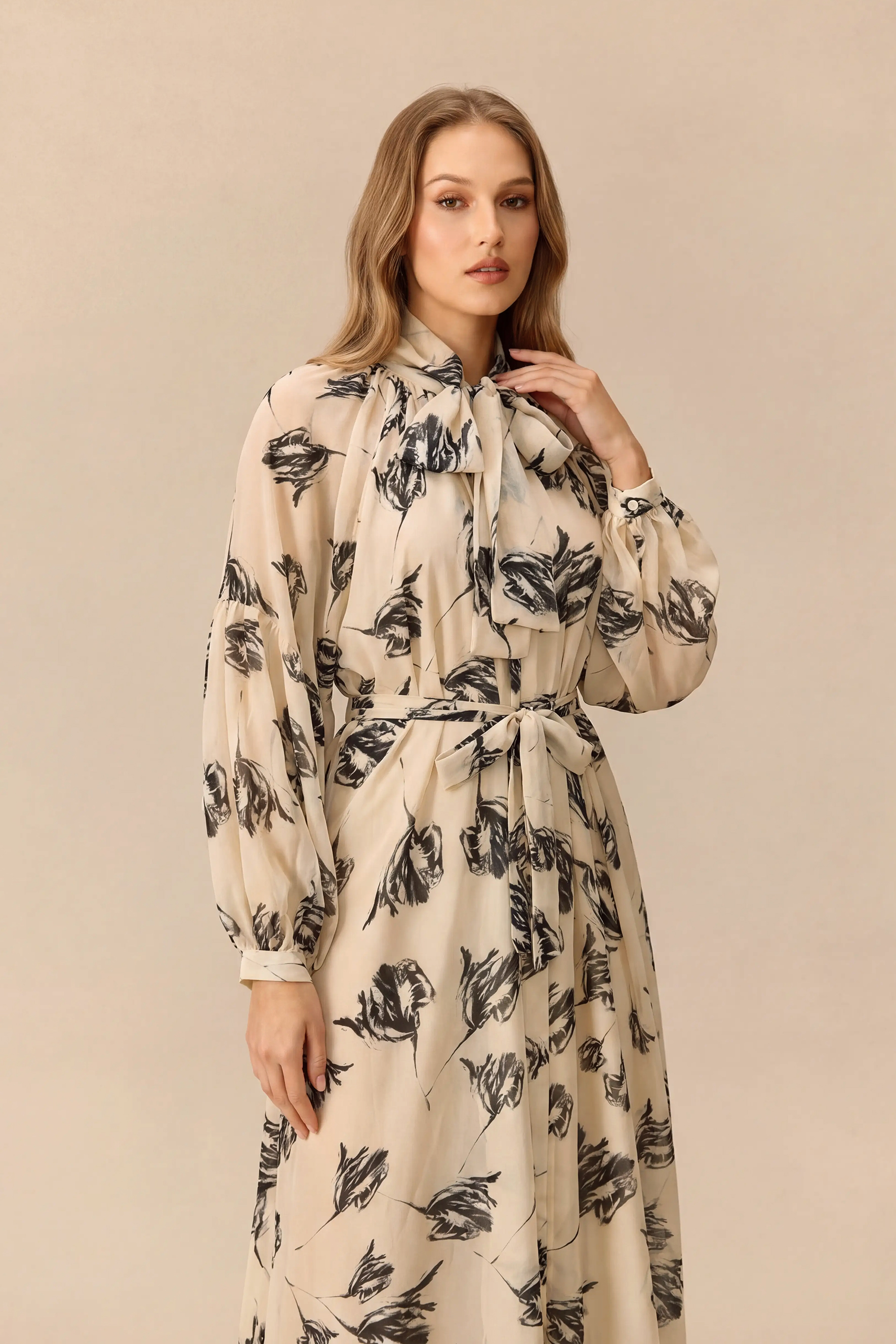Comfort Zone Beige Tulip Print Chiffon Maxi Dress