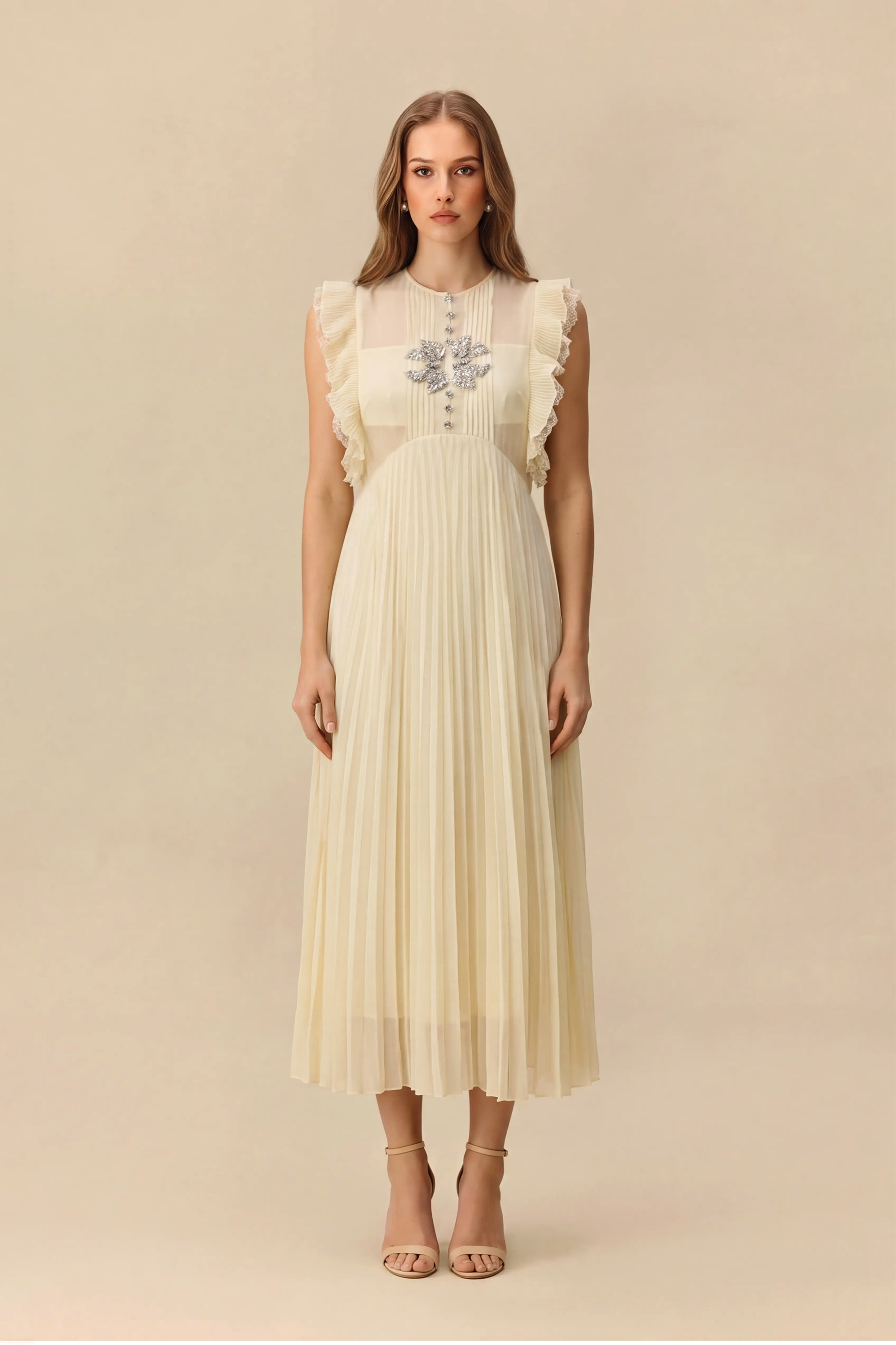 Elegance Found Butter Yellow Rhinestone Bow Pleated Maxi Dress