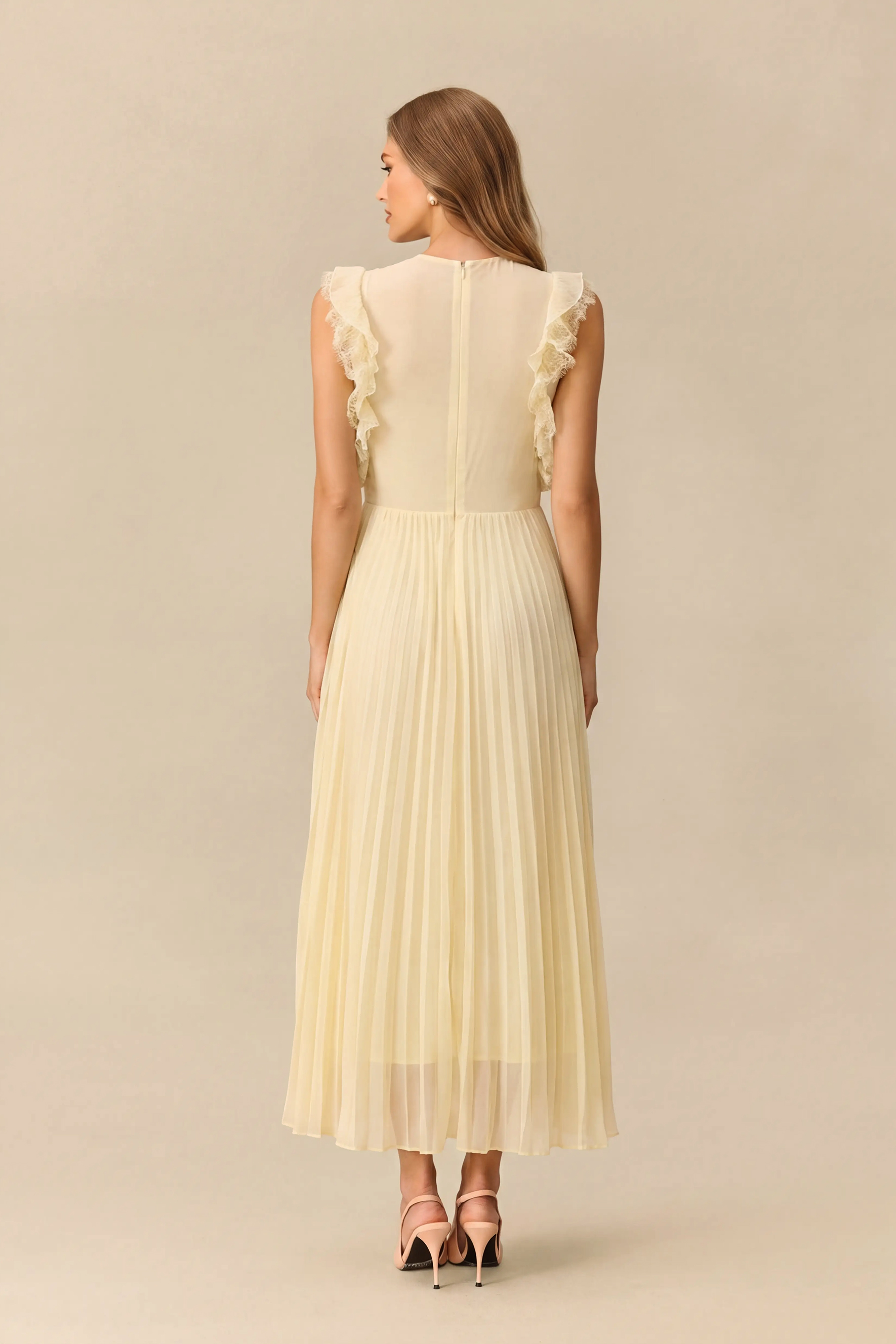 Elegance Found Butter Yellow Rhinestone Bow Pleated Maxi Dress