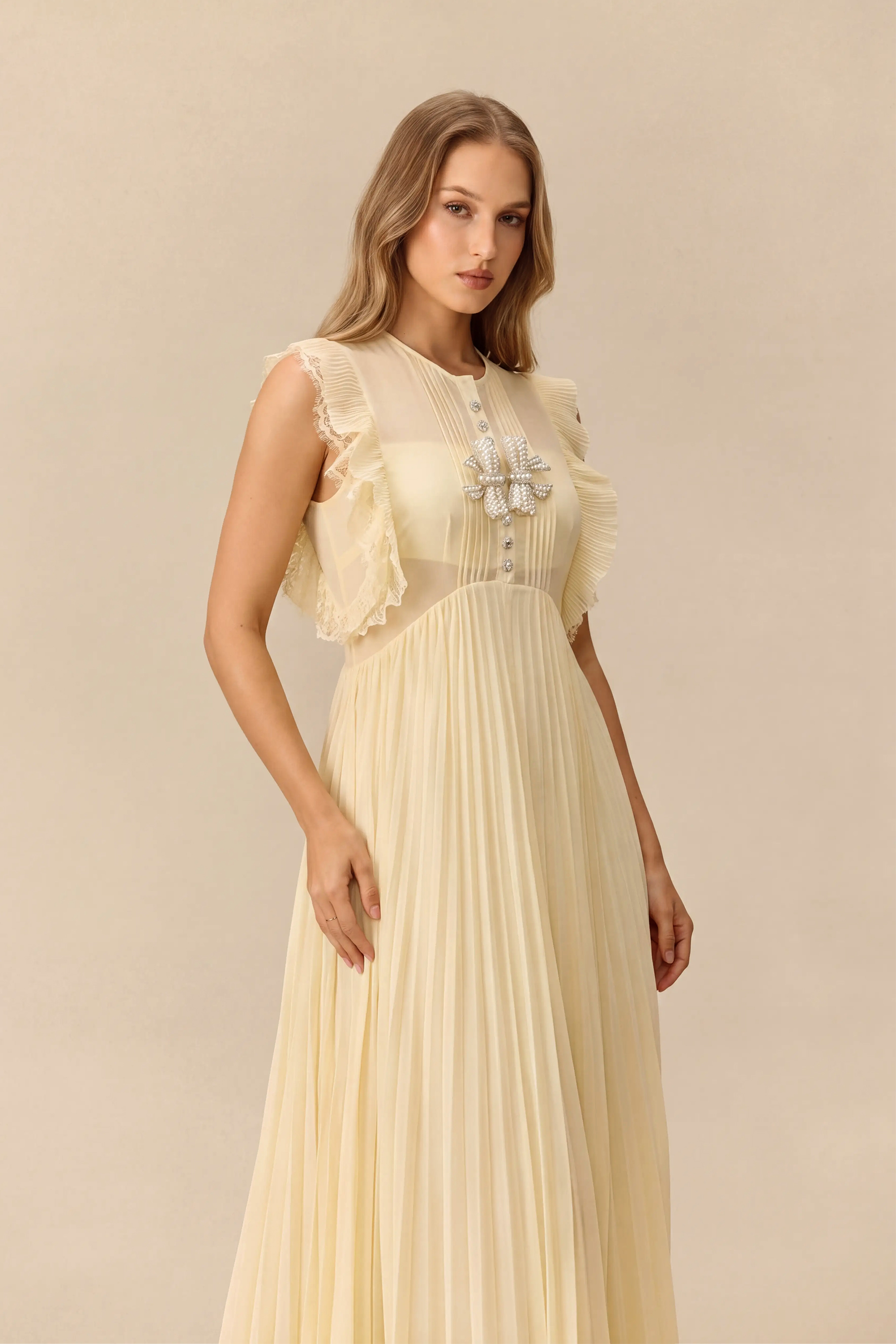 Elegance Found Butter Yellow Rhinestone Bow Pleated Maxi Dress