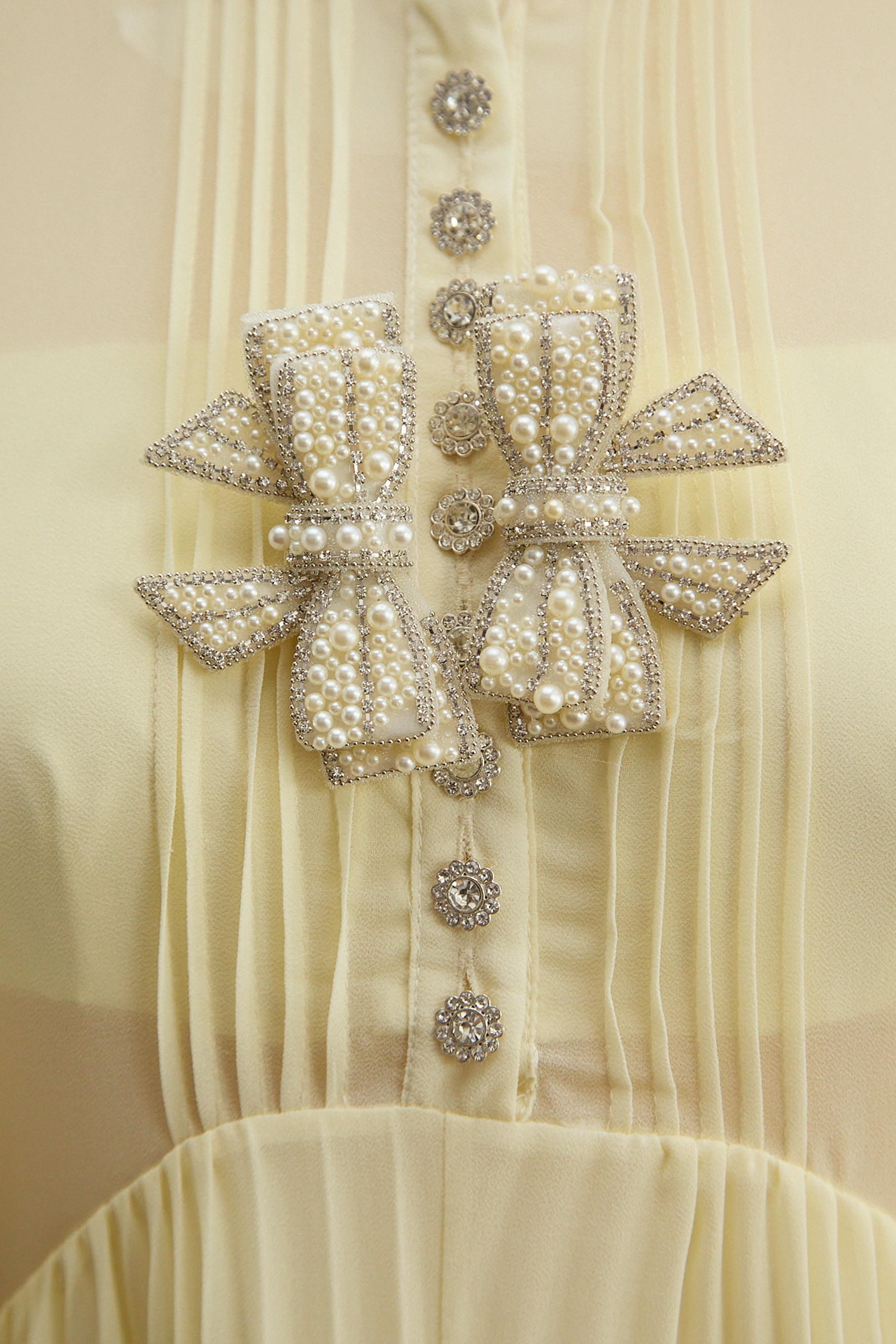 Elegance Found Butter Yellow Rhinestone Bow Pleated Maxi Dress
