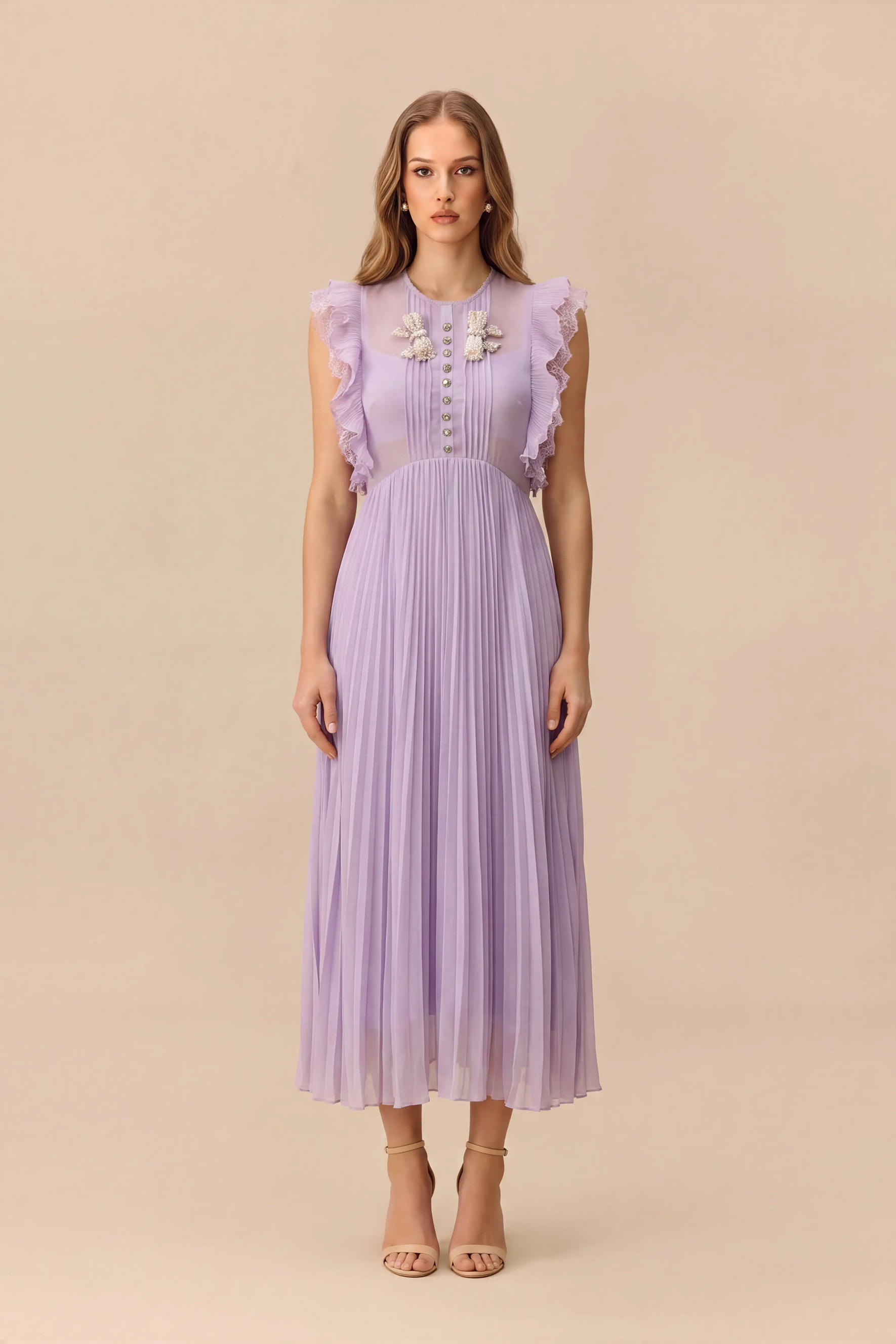 Summer Breeze Purple Pleated Ruffle Maxi Dress