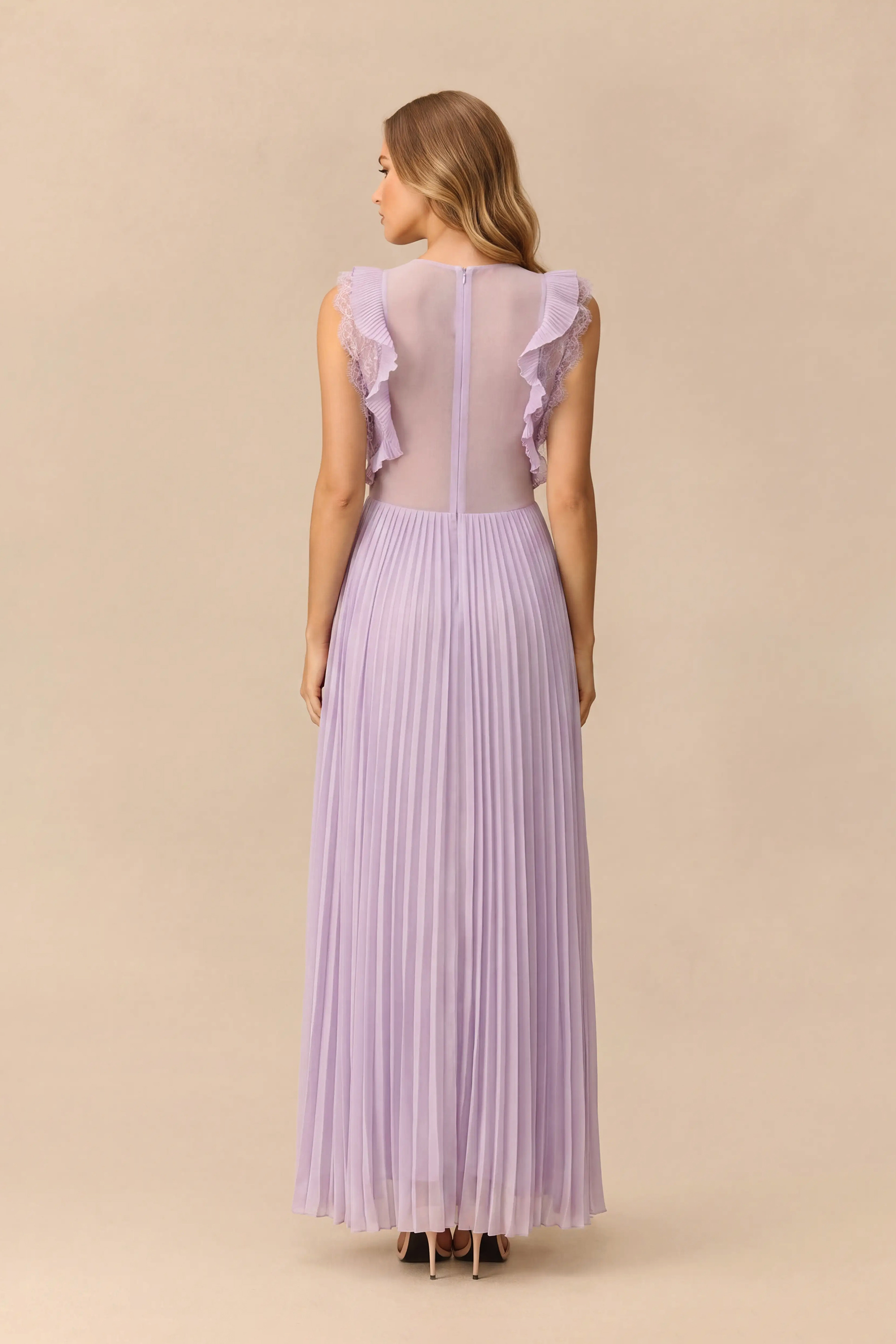 Summer Breeze Purple Pleated Ruffle Maxi Dress