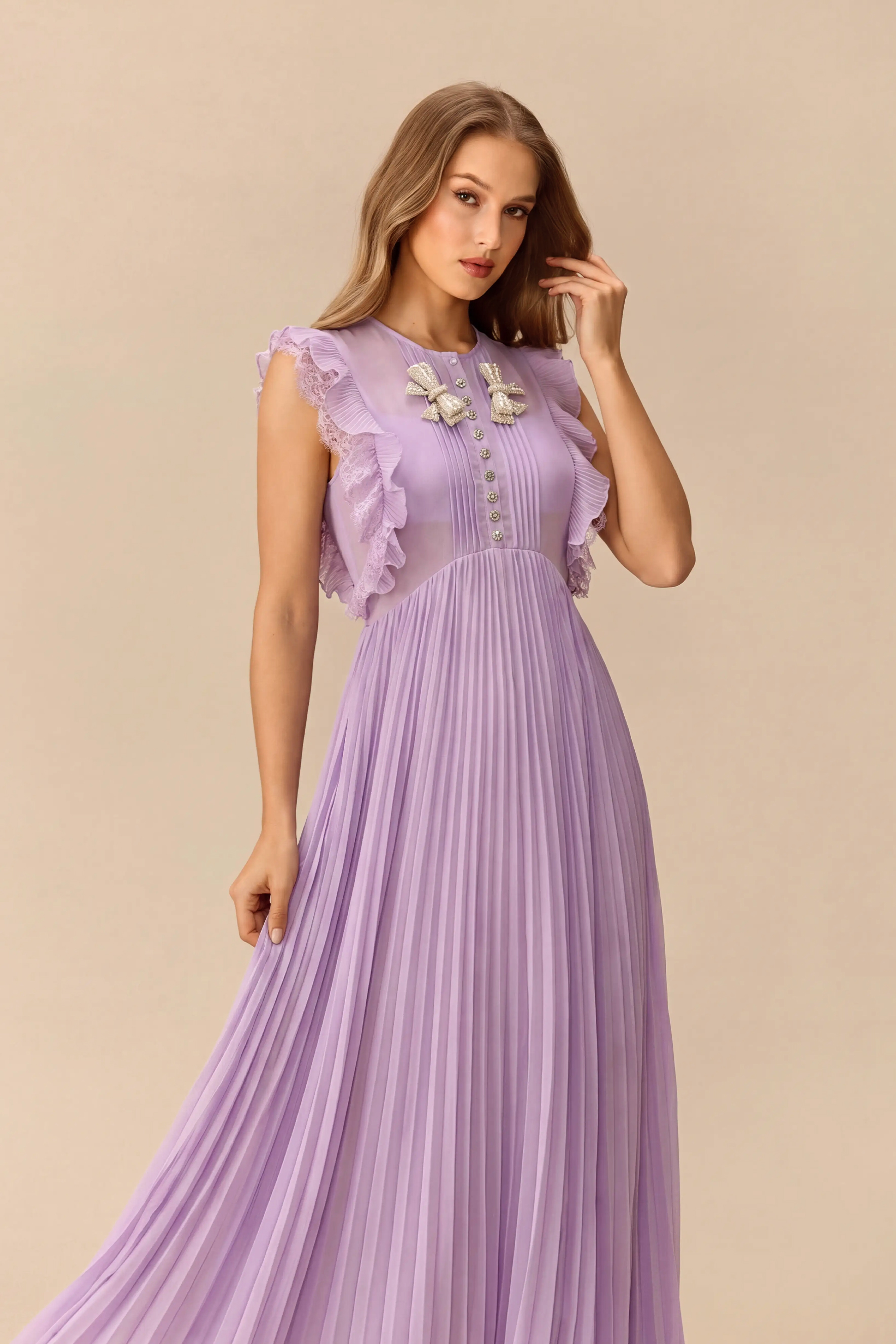 Summer Breeze Purple Pleated Ruffle Maxi Dress