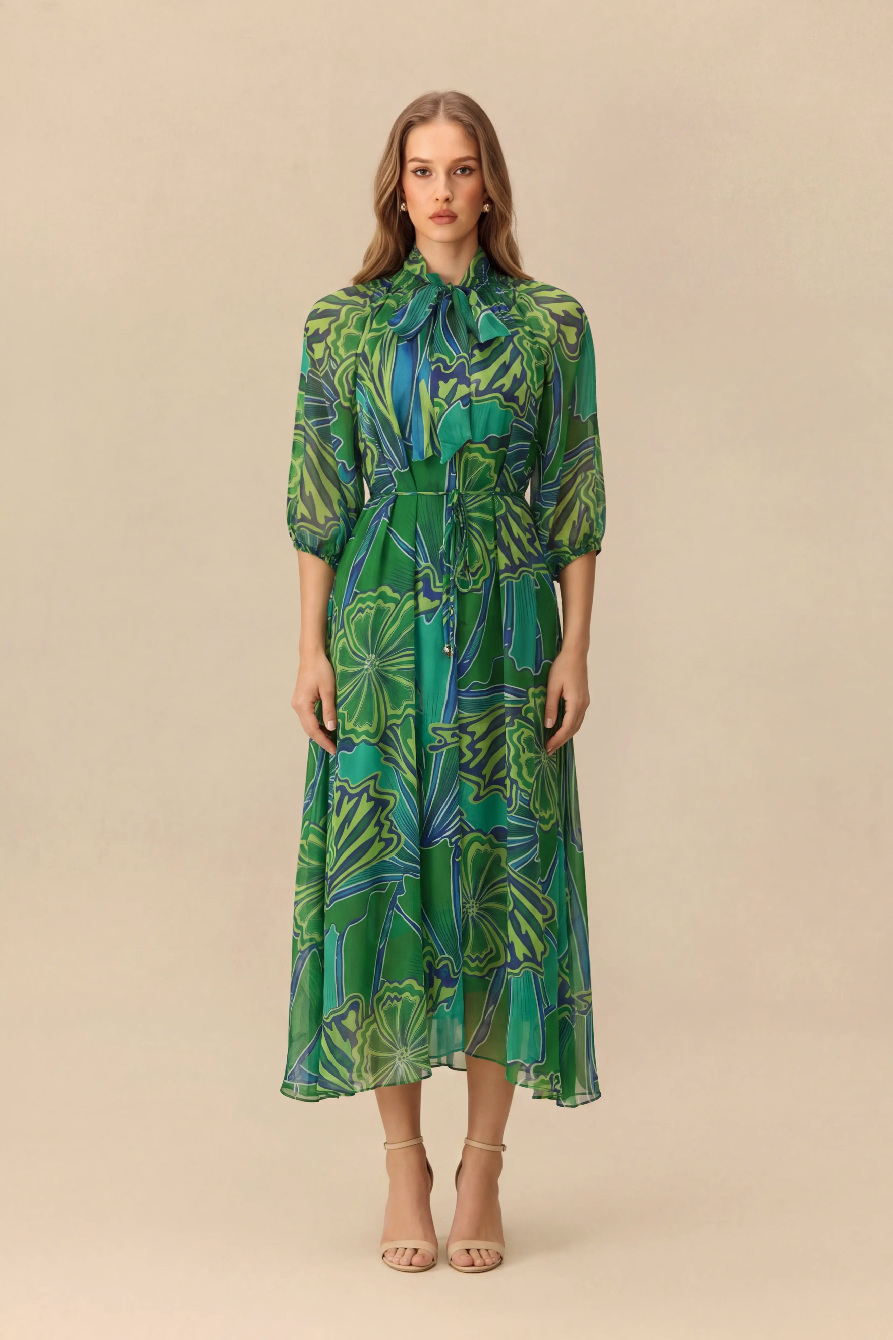 Graceful Flow Green Floral Print Tie Neck Maxi Dress