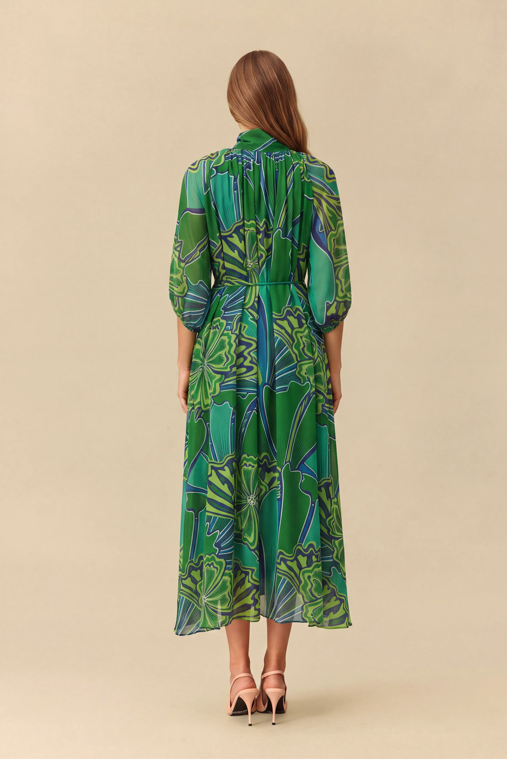 Graceful Flow Green Floral Print Tie Neck Maxi Dress