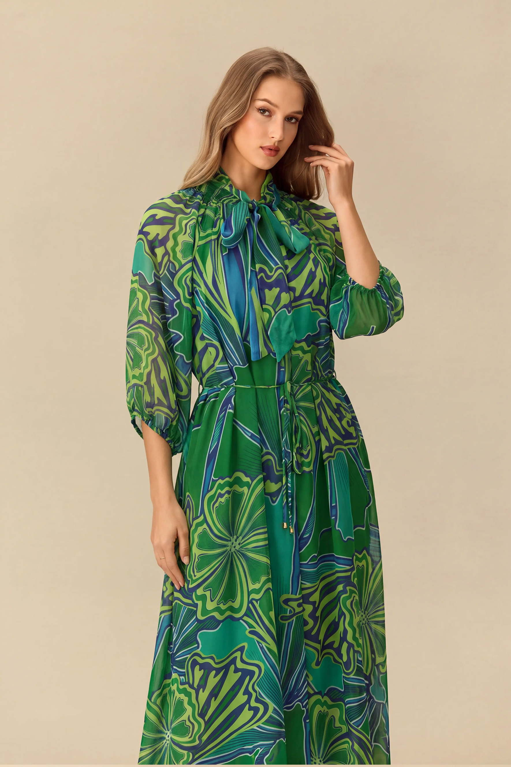 Graceful Flow Green Floral Print Tie Neck Maxi Dress