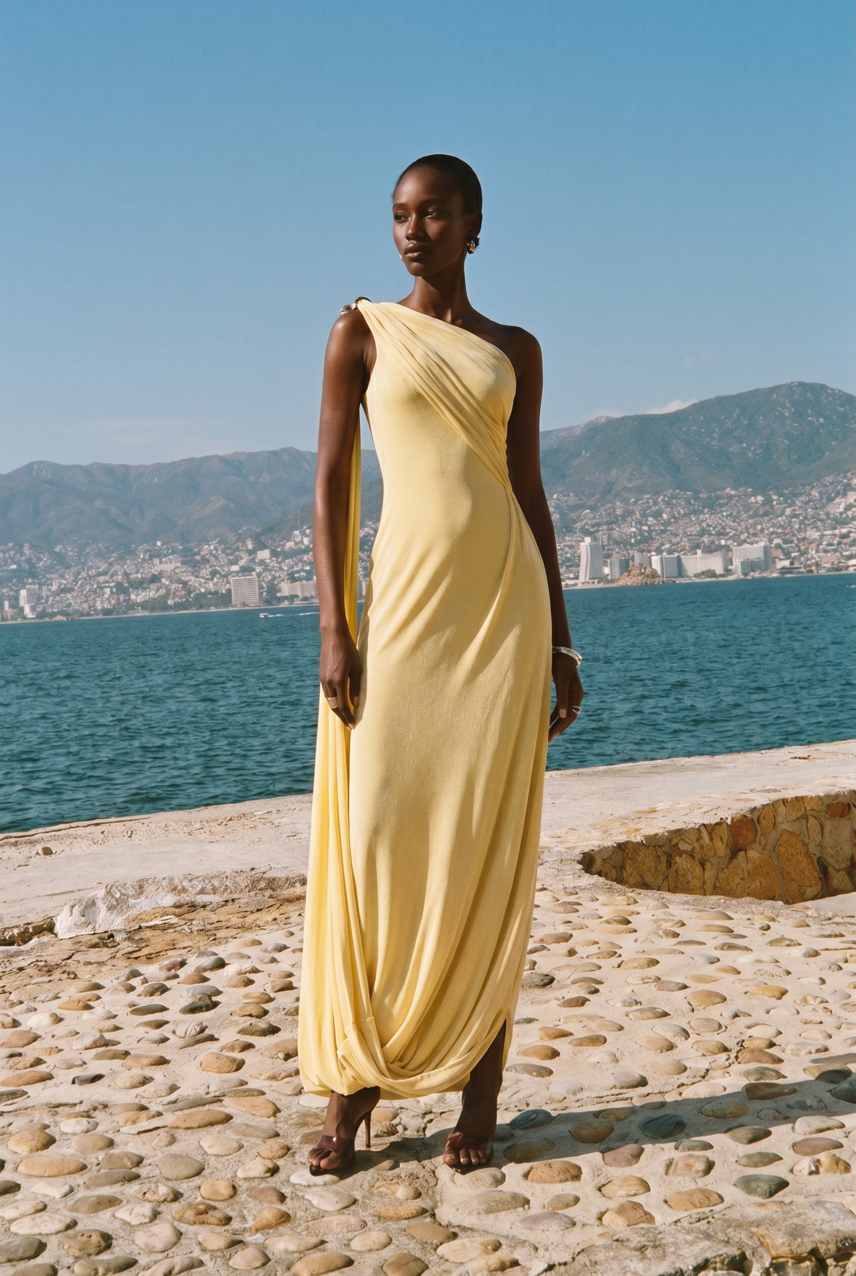 All Eyes Follow Yellow One Shoulder Draped Maxi Dress