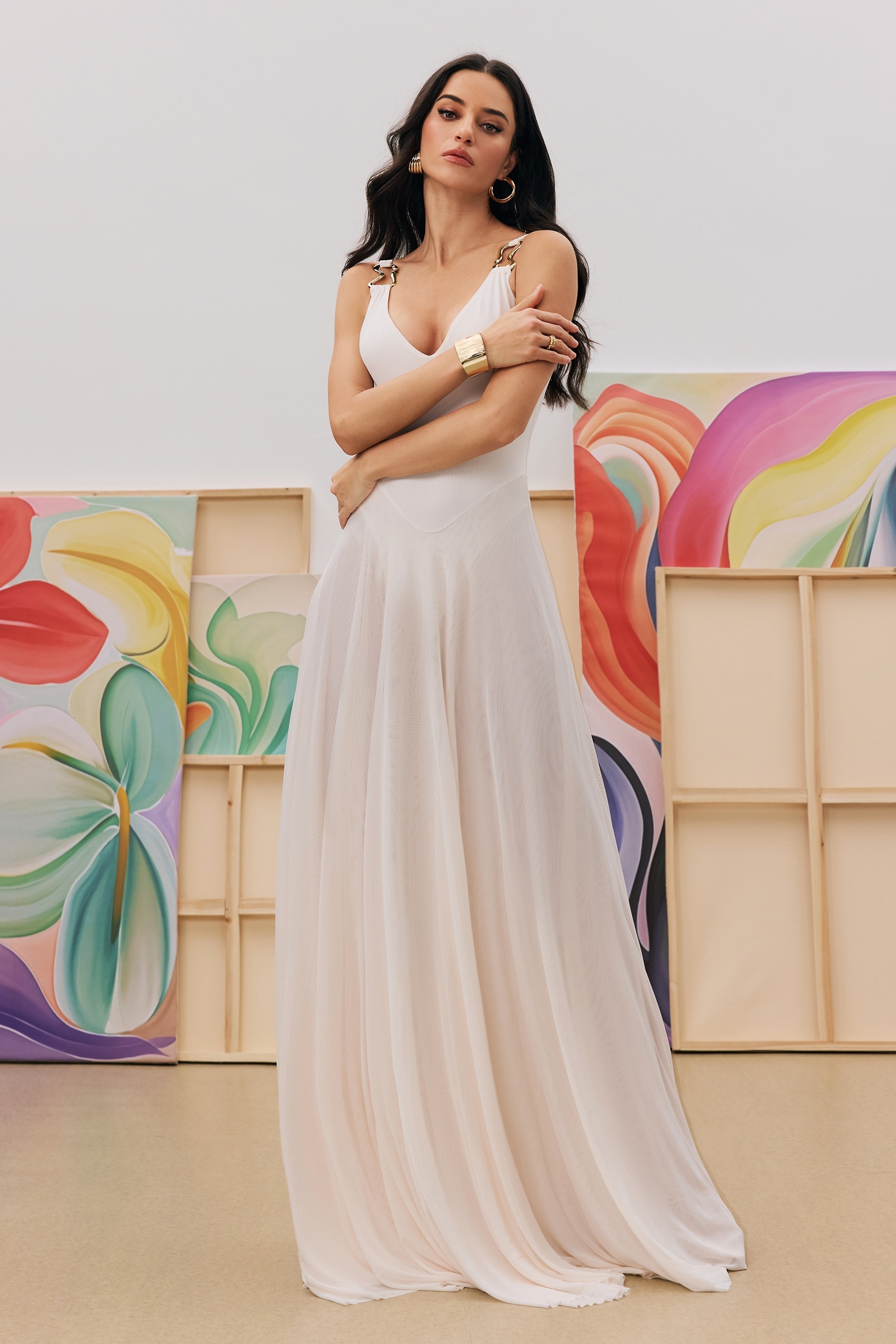 Julie Plunge Neck Semi-sheer Mesh Maxi Dress