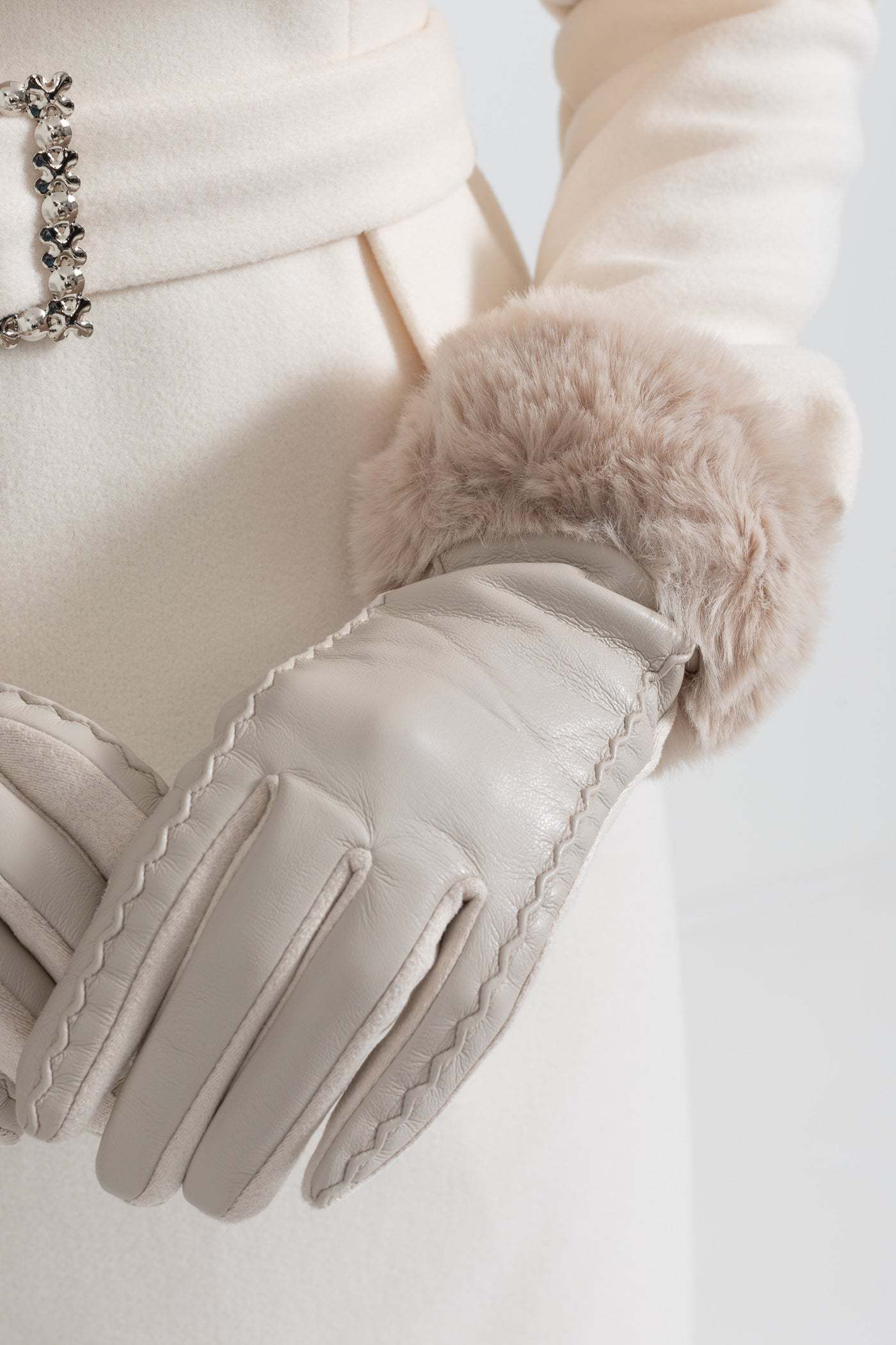 PU Leather Faux Fur Trim Gloves