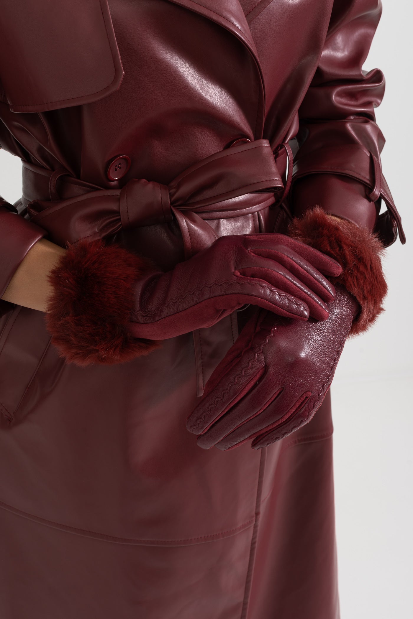PU Leather Faux Fur Trim Gloves-Sunfere