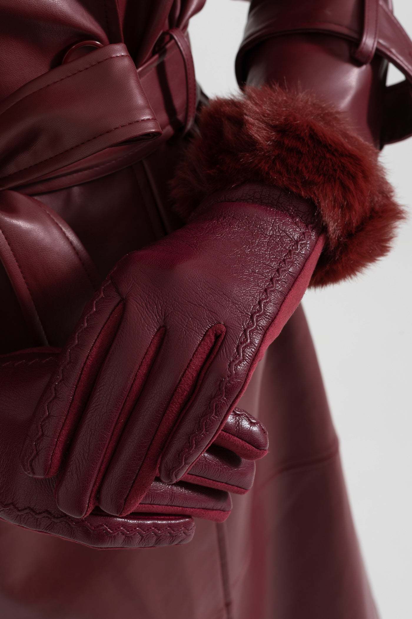 PU Leather Faux Fur Trim Gloves