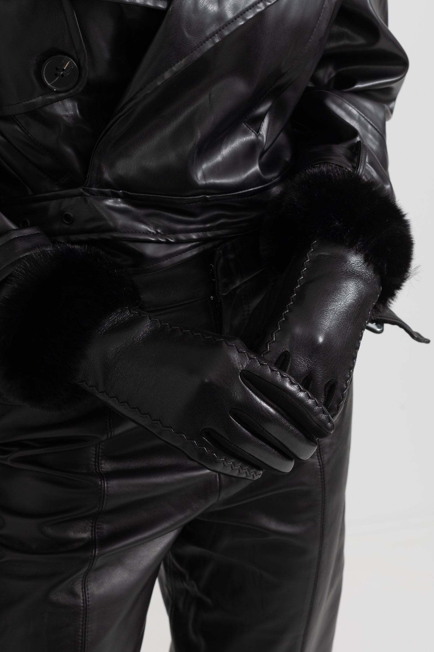 PU Leather Faux Fur Trim Gloves