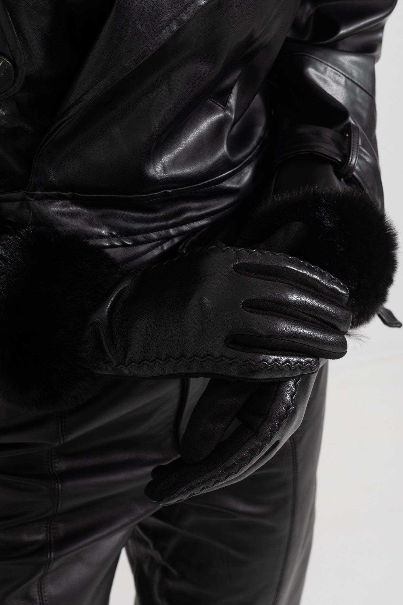 PU Leather Faux Fur Trim Gloves