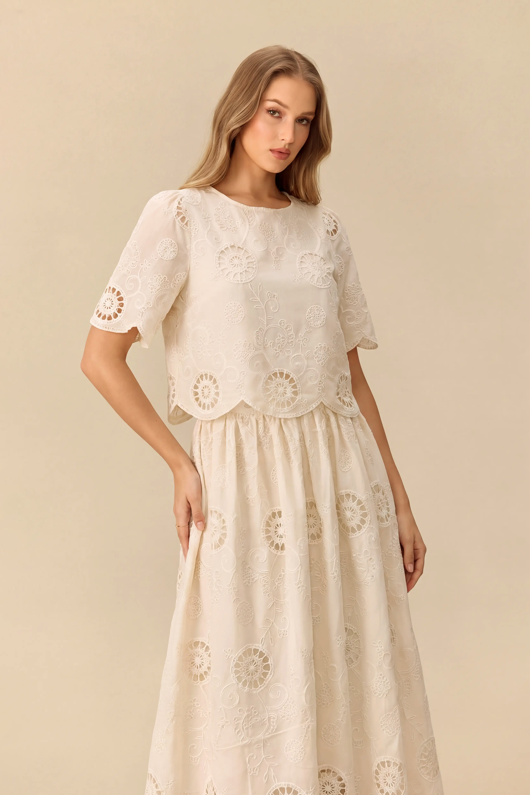 Sunlit Romance Beige Hollow-Out Embroidery Top & Skirt Set