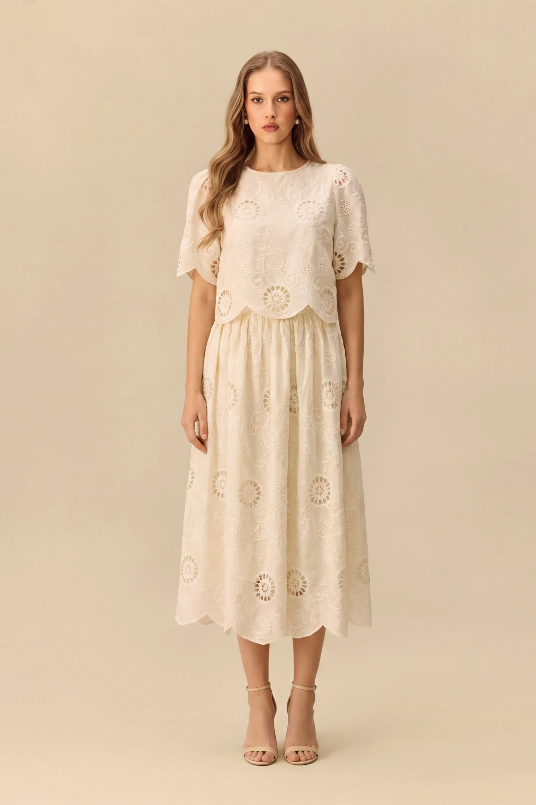 Sunlit Romance Beige Hollow-Out Embroidery Top & Skirt Set