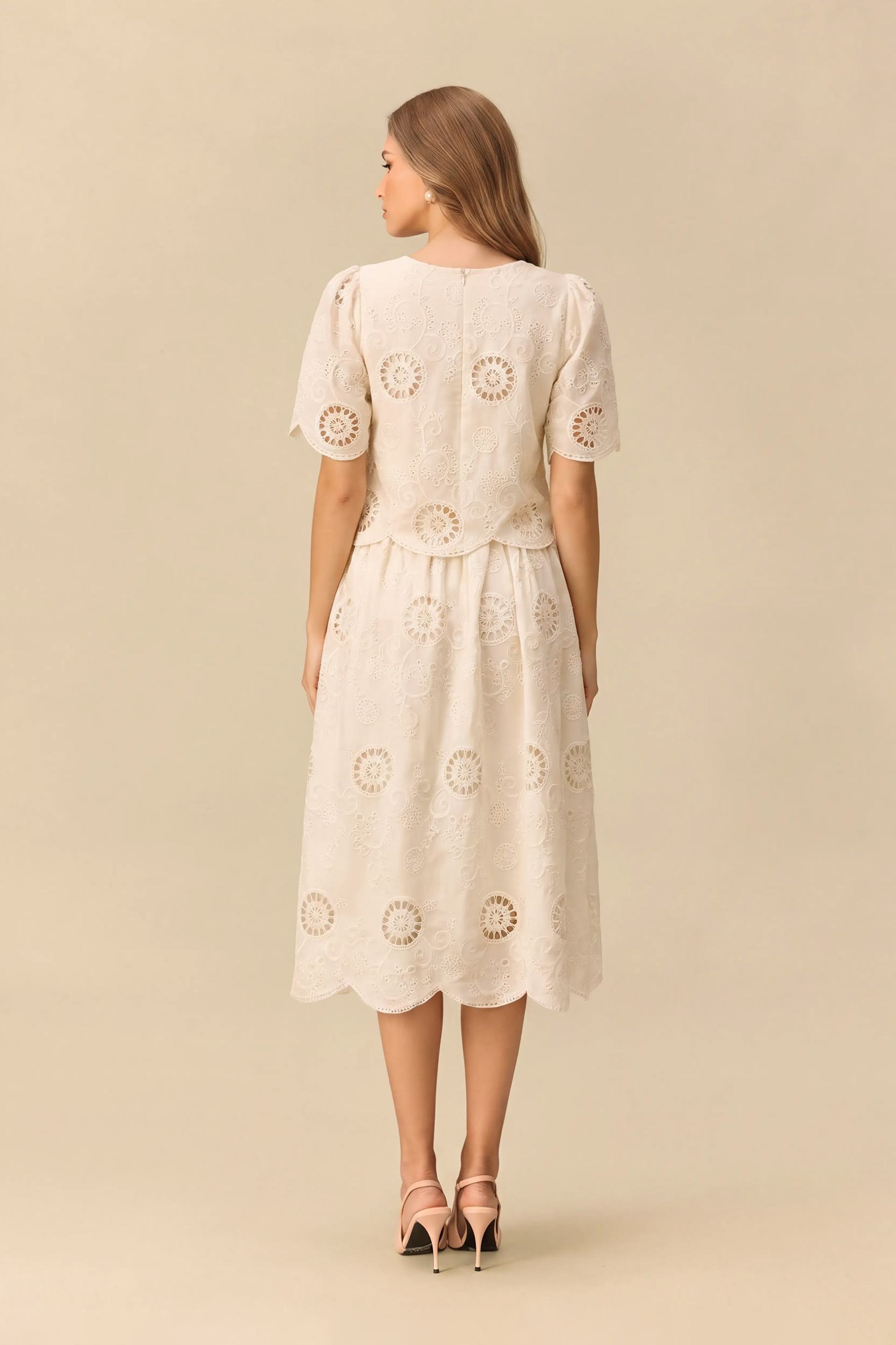 Sunlit Romance Beige Hollow-Out Embroidery Top & Skirt Set