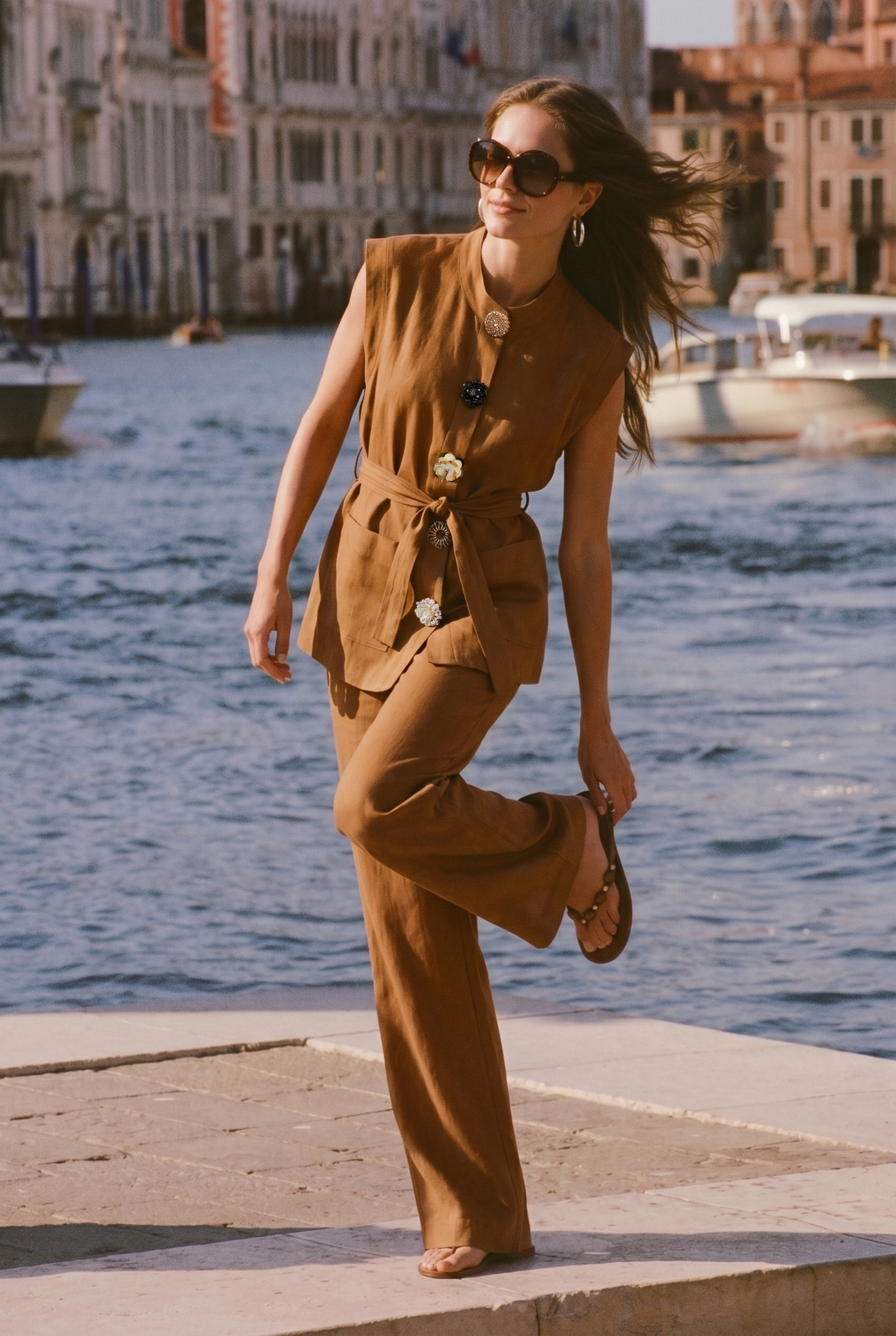 Time Moves Soft Brown Floral Button Vest & Wide Leg Pants Set