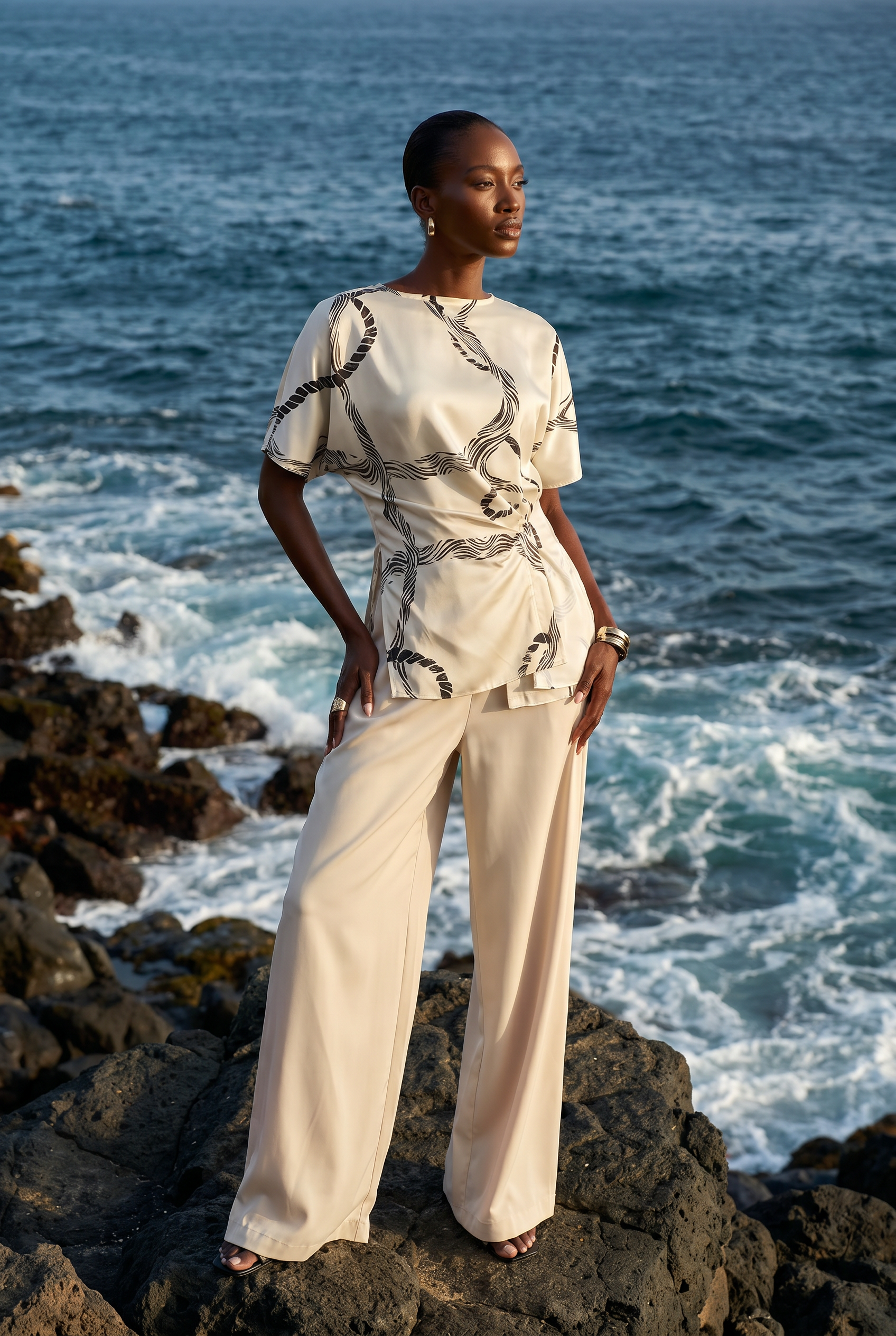 Easy Moment White Abstract Print Side-Knot Wrap Blouse