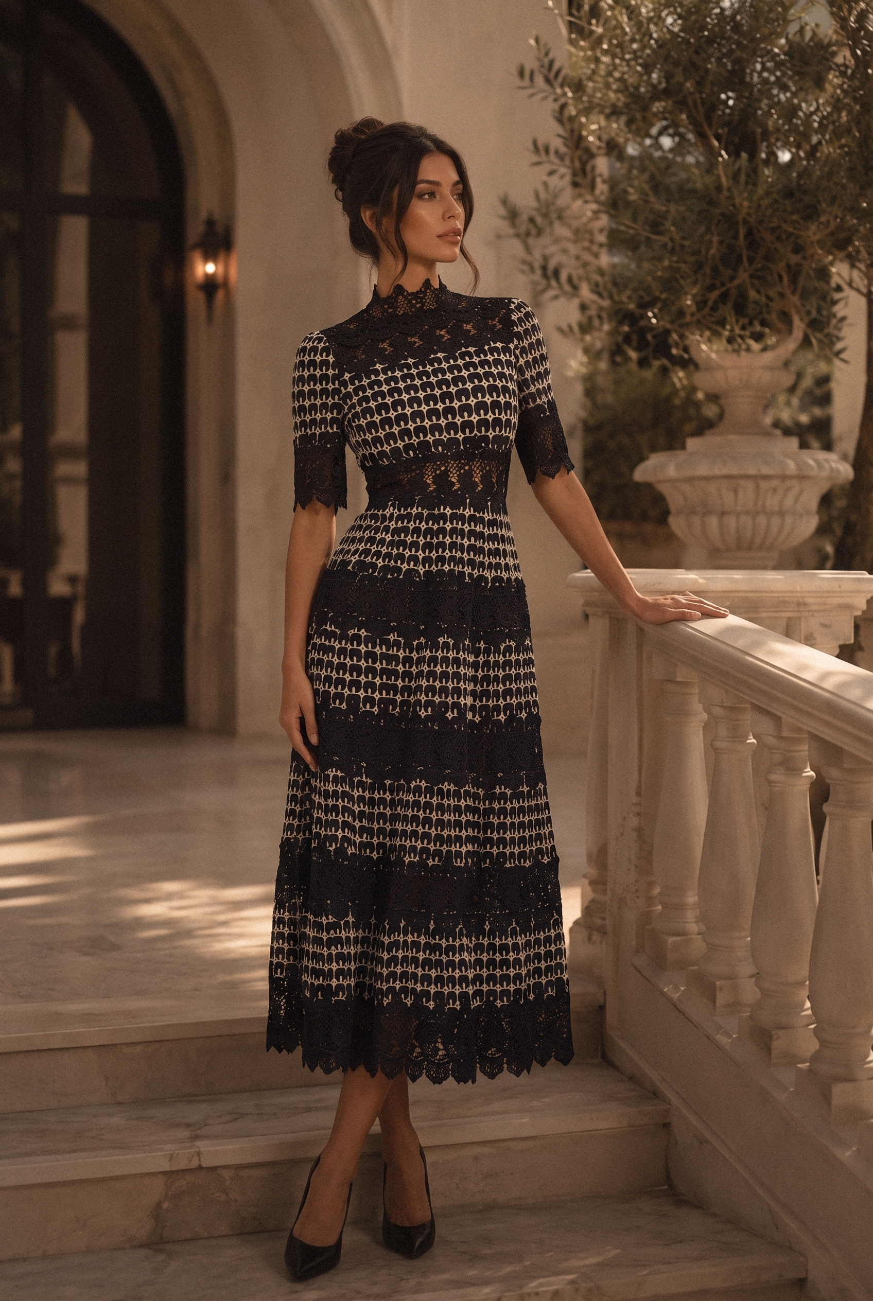Sabrina Embroidered Lace Short Sleeve Midi Dress