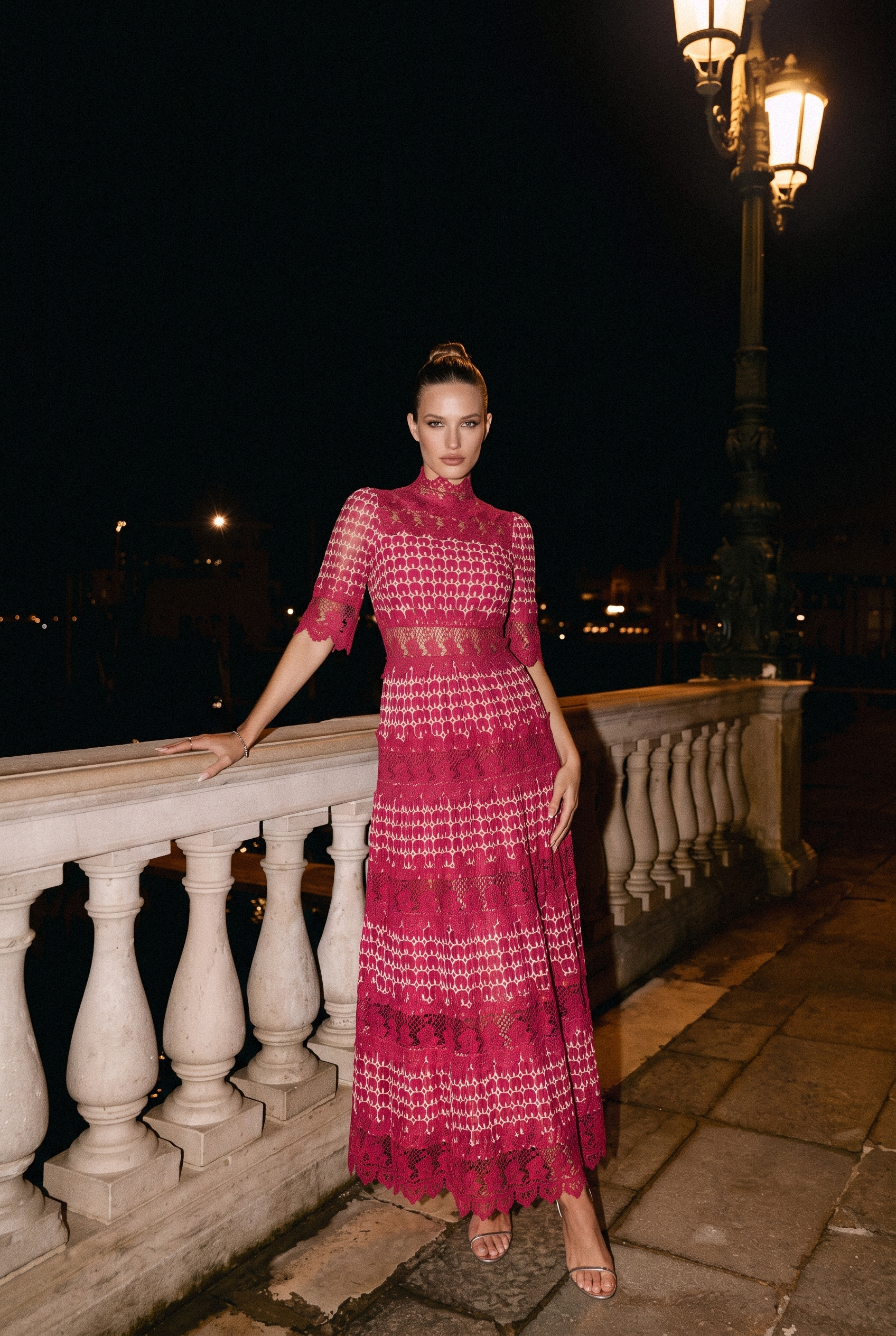 Sabrina Embroidered Lace Short Sleeve Midi Dress