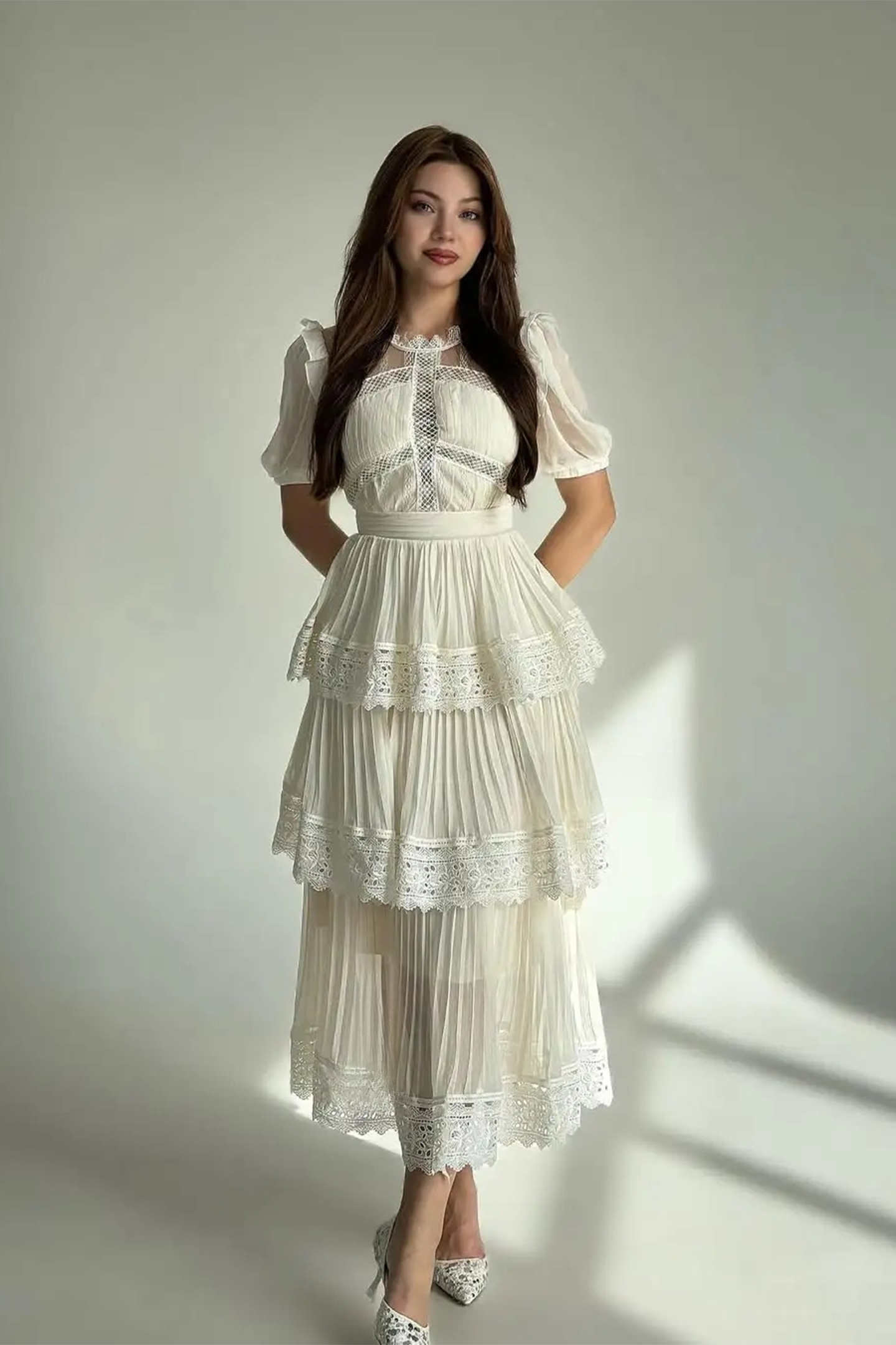 Janet Lace Detail Tiered Midi Dress