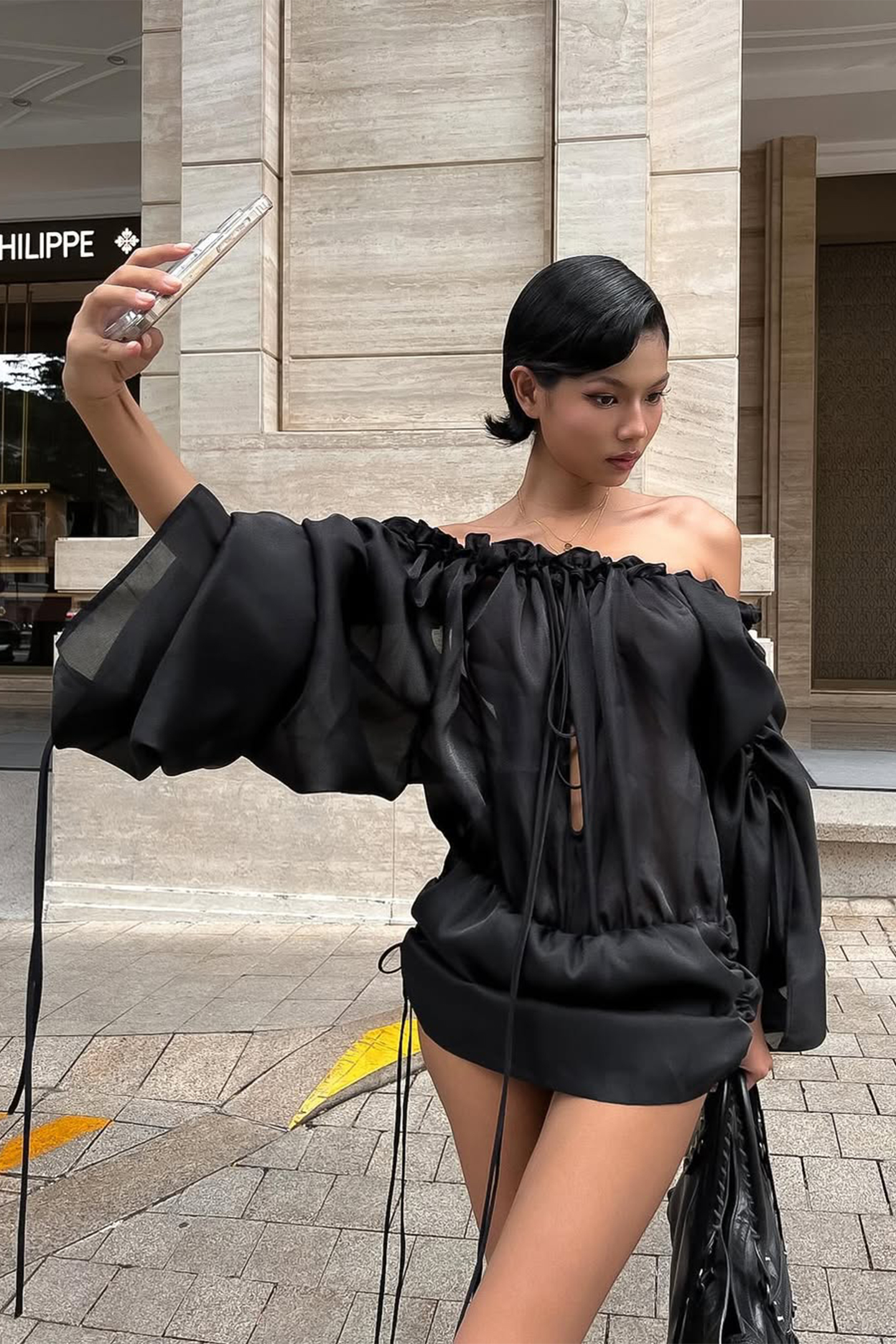 Hilda Off Shoulder Puff Sleeve Mini Dress-Sunfere Hilda Off Shoulder Puff Sleeve Mini Dress-Sunfere