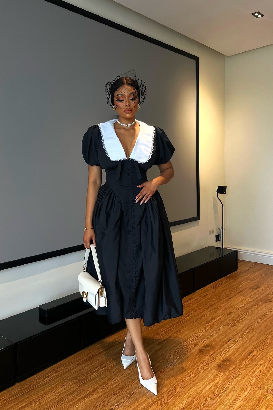 Athena Doll Collar Puff Sleeve Midi Dress