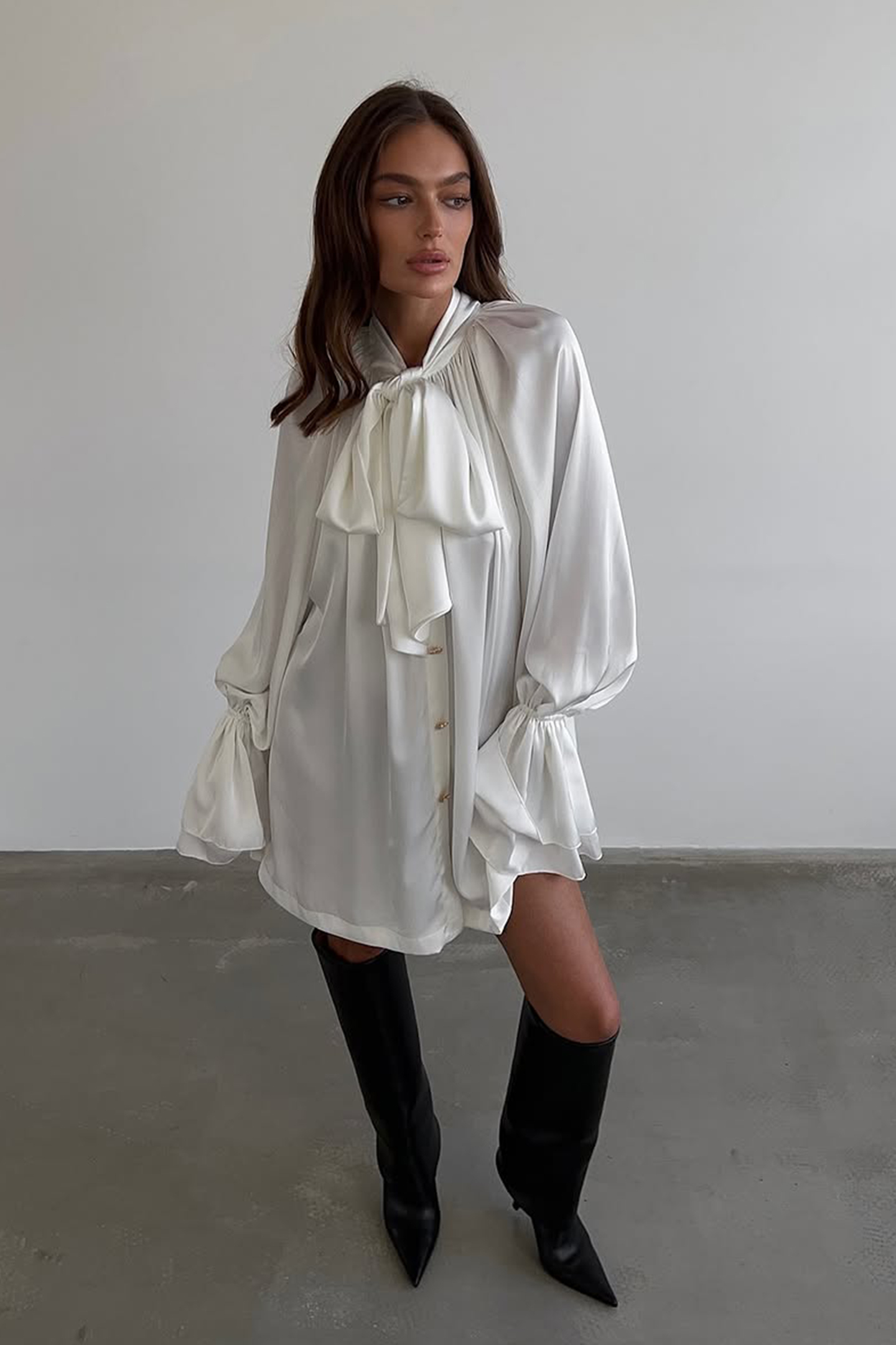 Bradley Tie Neck Satin Mini Shirt Dress