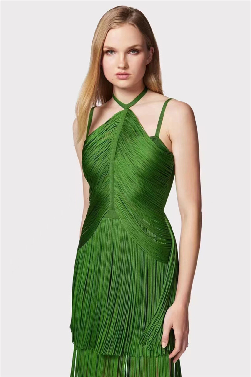 Phoebe Halter Fringed Maxi Dress-Sunfere