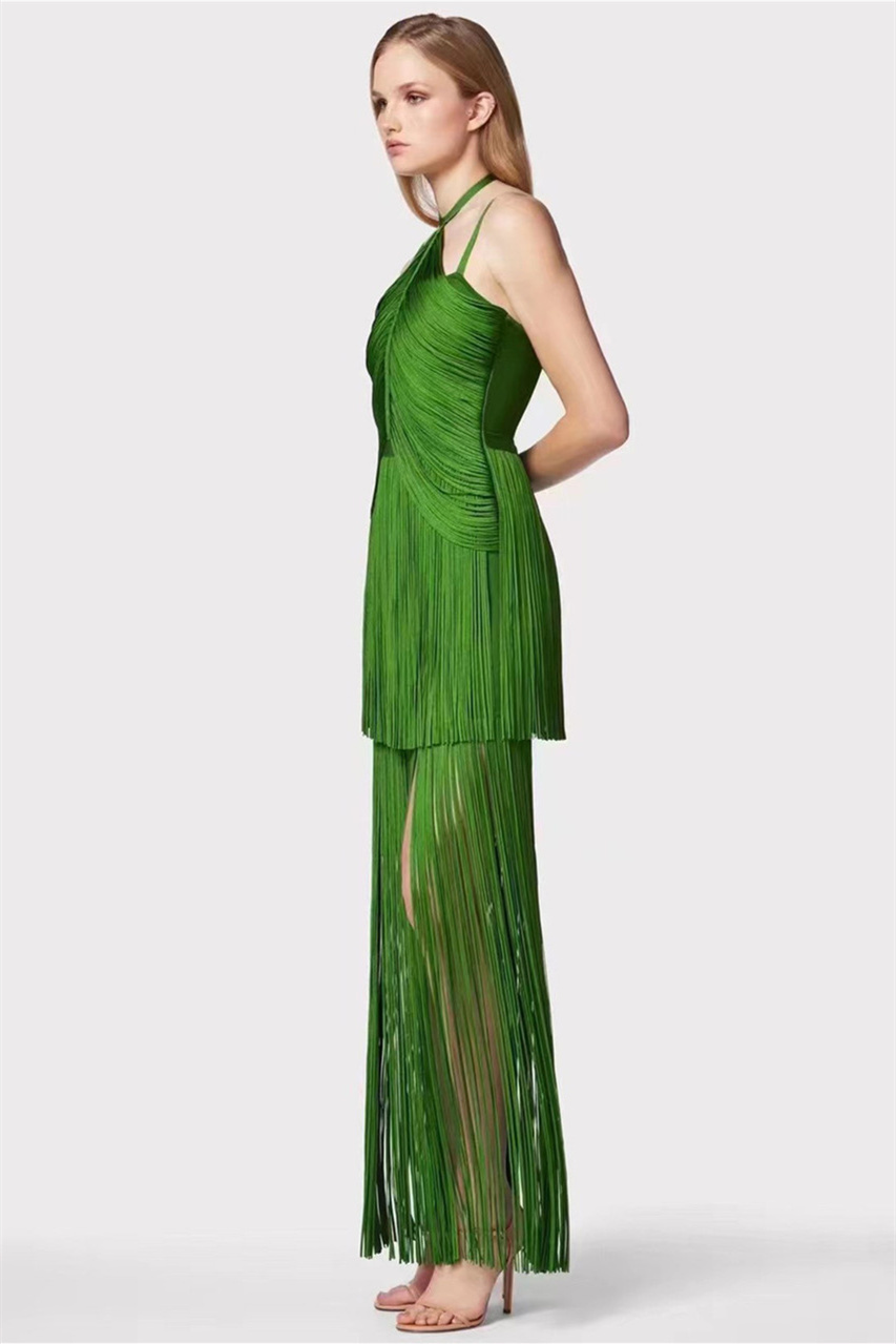 Phoebe Halter Fringed Maxi Dress-Sunfere