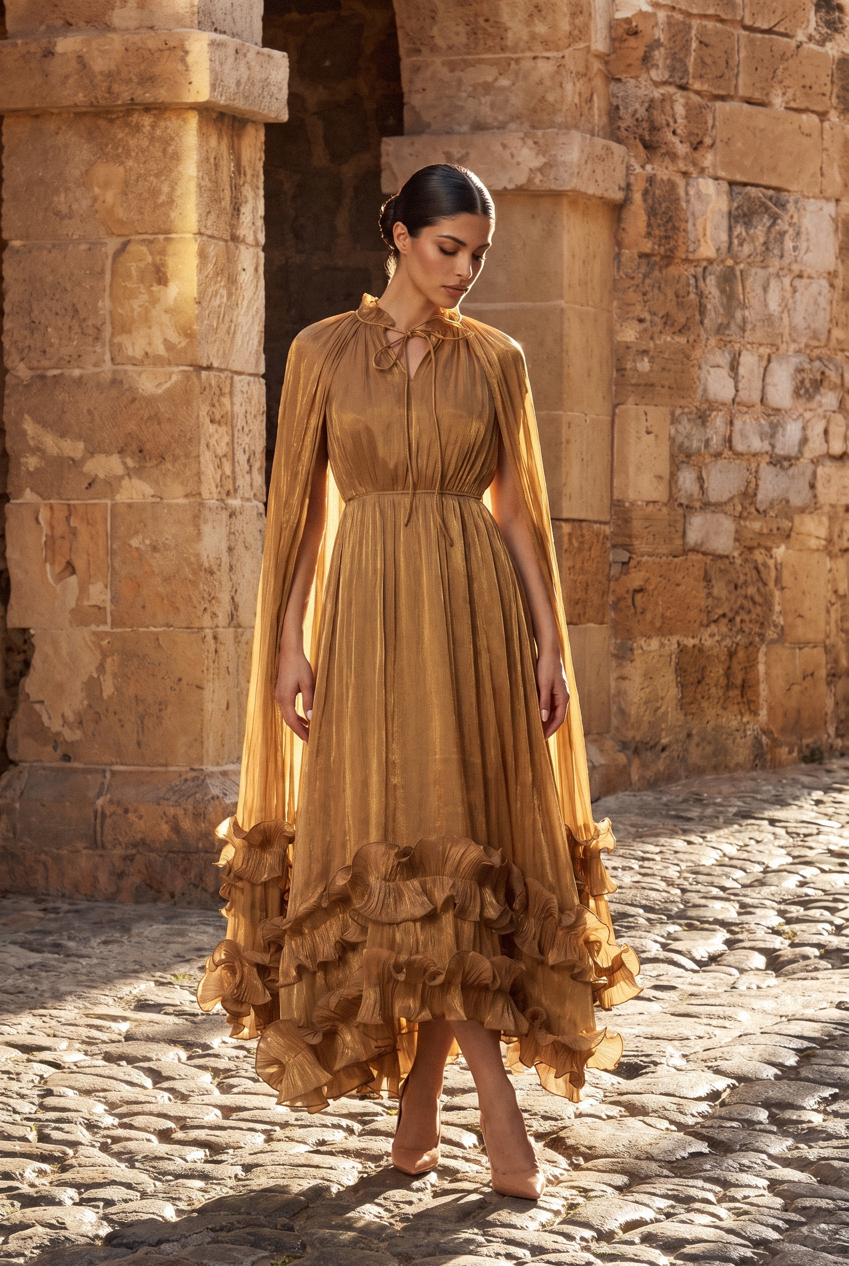 Shirley Cape-effect Ruffled Midi Dress